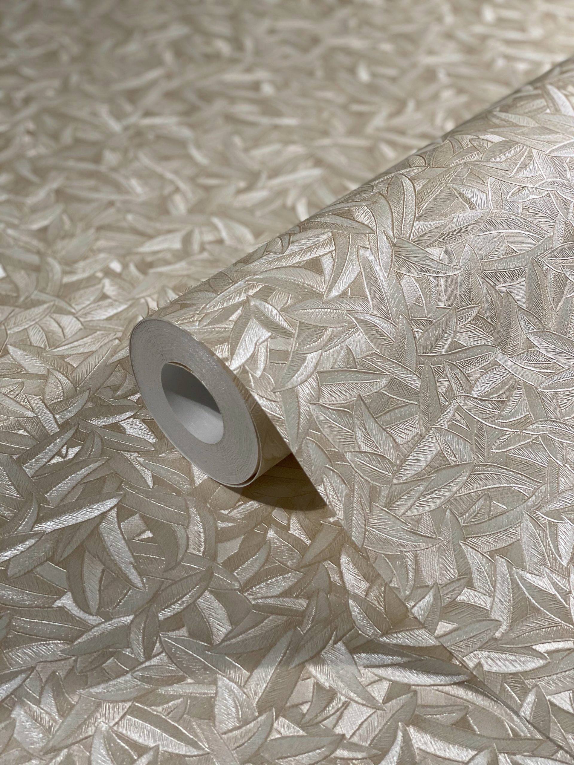 Glööckler Vliestapete, 3D-Optik-glänzend-schimmernd, Blattmotiv, moderne Tapete für Schlafzimmer Wohnzimmer Küche