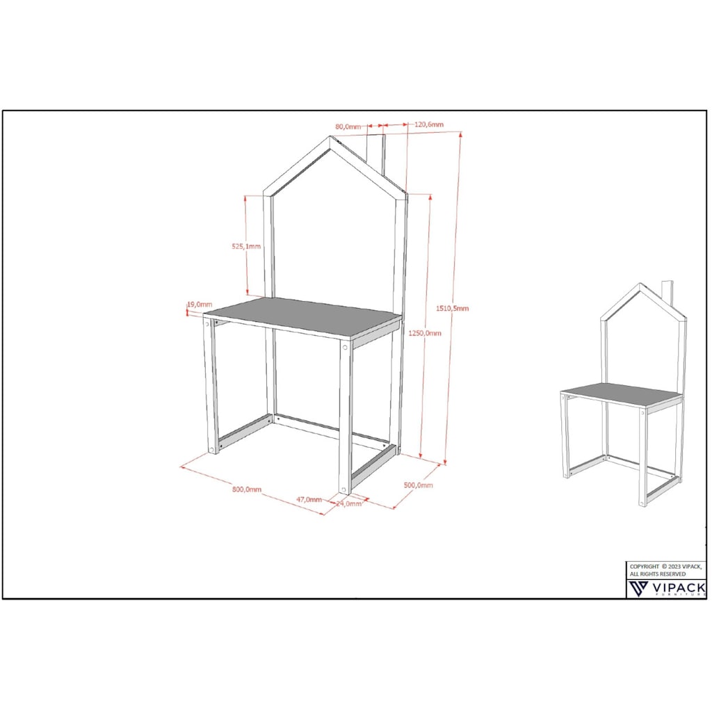 Vipack Kinderschreibtisch, mit Haus-Optik, große Arbeitsfläche, ideal für kleine Räume, 2 Farben