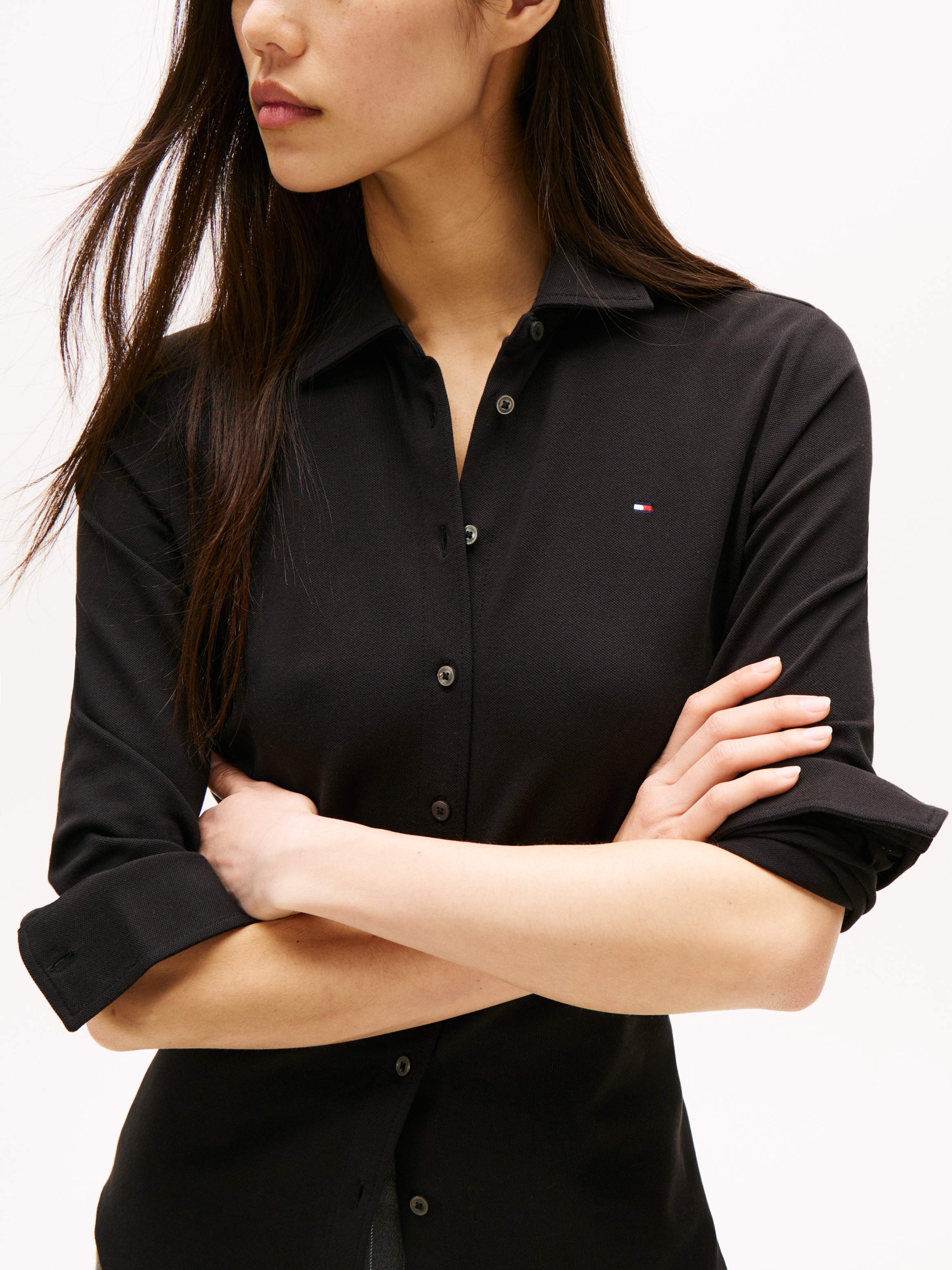 Tommy Hilfiger Poloshirt »1985 SLIM PIQUE BTN DOWN LS mit Polokragen und Label«, unifarben, casual, slim fit, Baumwollmix, Polokragen