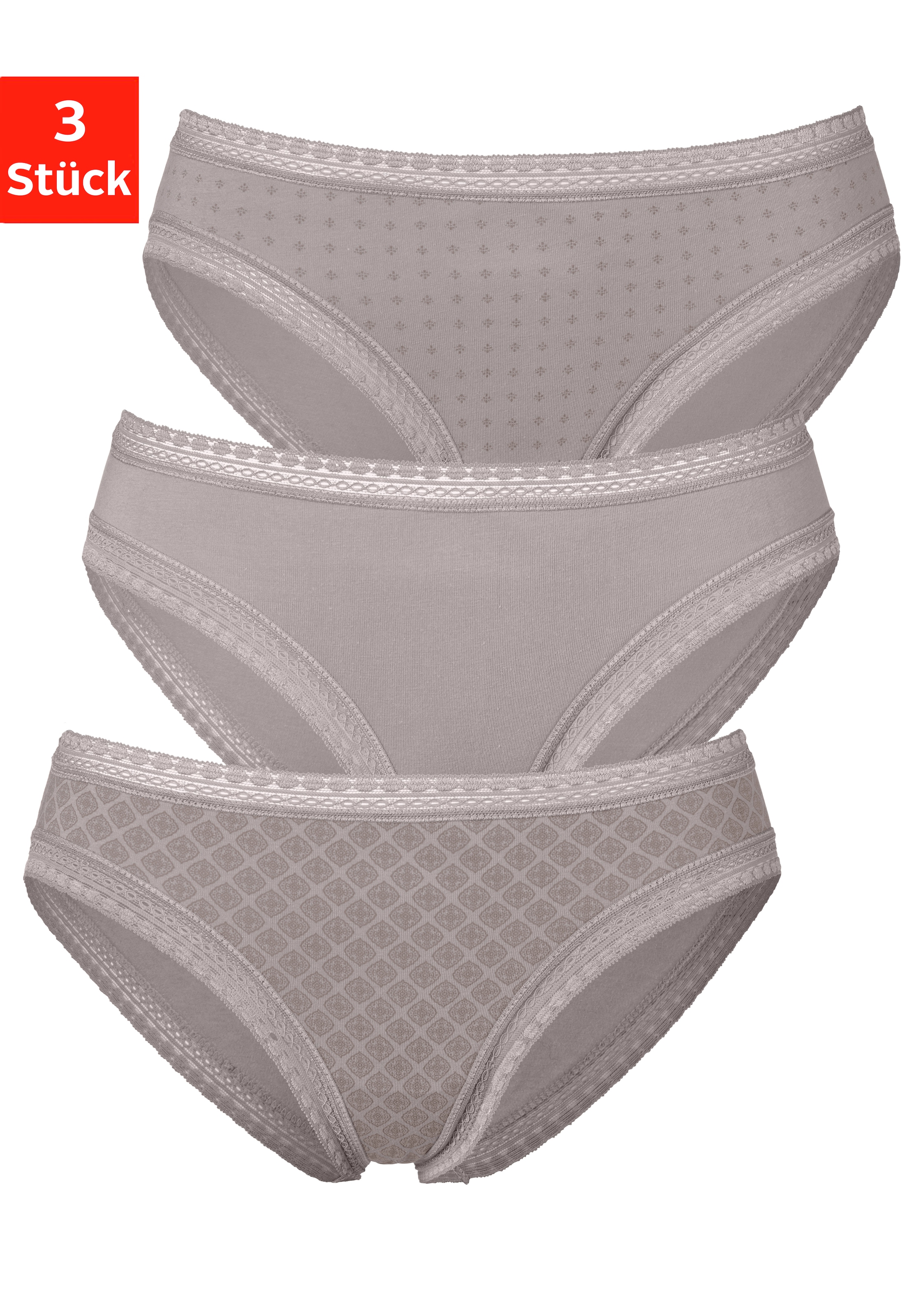 LASCANA Bikinislip, (3er-Pack), aus elastischer Baumwolle mit weicher Spitze