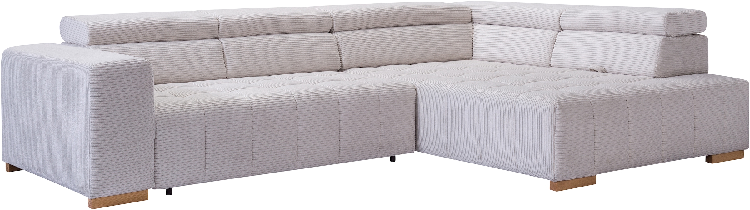 exxpo - sofa fashion Ecksofa »Elianos, hoher Sitzkomfort, aufwendige Kreuzsteppung im Sitz, L-Form«, Kopfteile & Sitztiefe verstellbar, mit Bettfunktion, Cord, beige