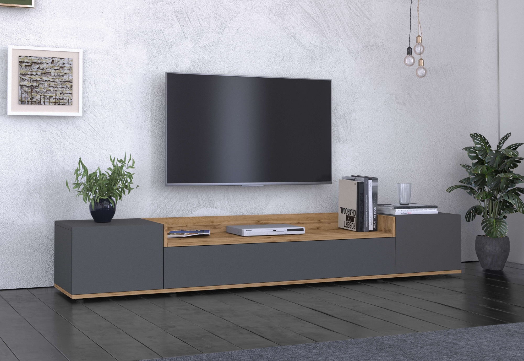 OTTO home Lowboard »BOLSENA,TV-Kommode, TV-Möbel,TV-Bank, 4 Fächer und offenes Ablagefach« 1 Stk. tlg. stehend/hängend montierbar, Made in Italy, B/T/H: 200 × 35 × 31,2 cm