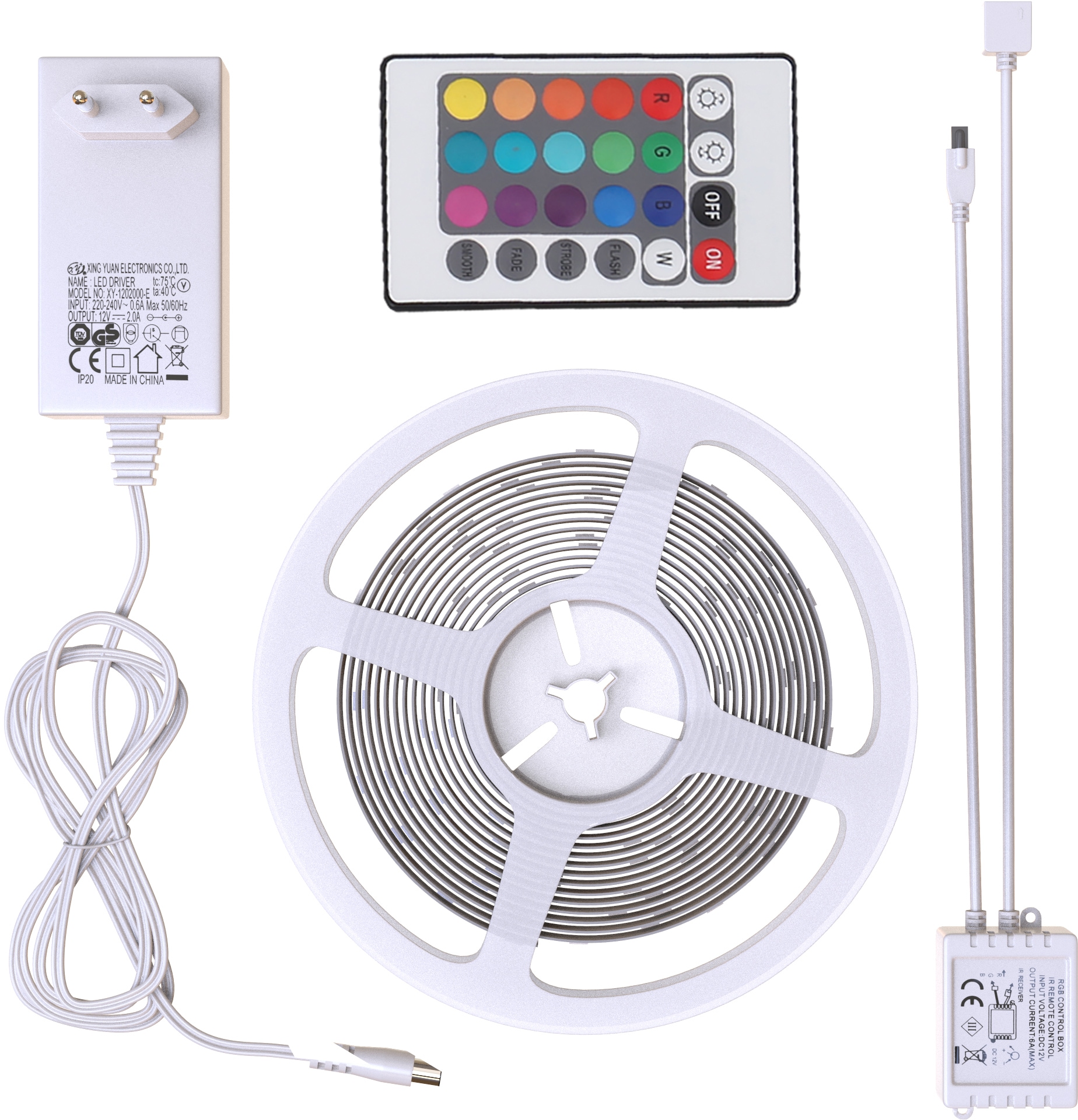 B.K.Licht LED Stripe, RGB-LED Flexband 5 Meter, inkl. 150 x RGB-LED je 0,16 Watt,´Gesamtwatt 24 Watt, inkl. Fernbedienung, Farbwechsler, selbstklebend, für den Innenbereich