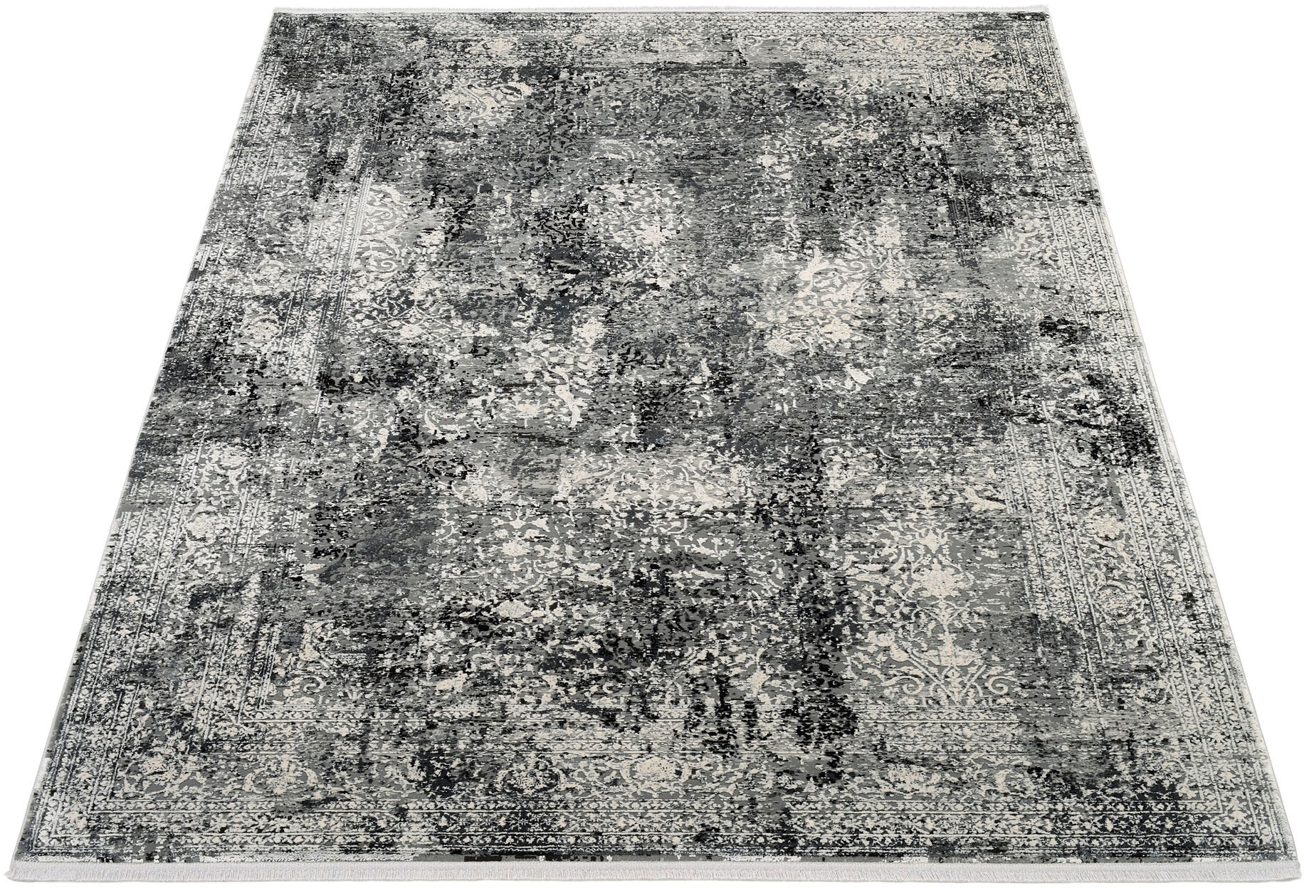 Läufer OCI DIE TEPPICHMARKE "BESTELLER CAVA", grau (dunkelgrau), B:80cm H:8mm L:300cm, Viskose, Teppiche, Läufer, Glanz Viskose, mit Fransen, Hoch Tief Struktur, Vintage, Wohnzimmer