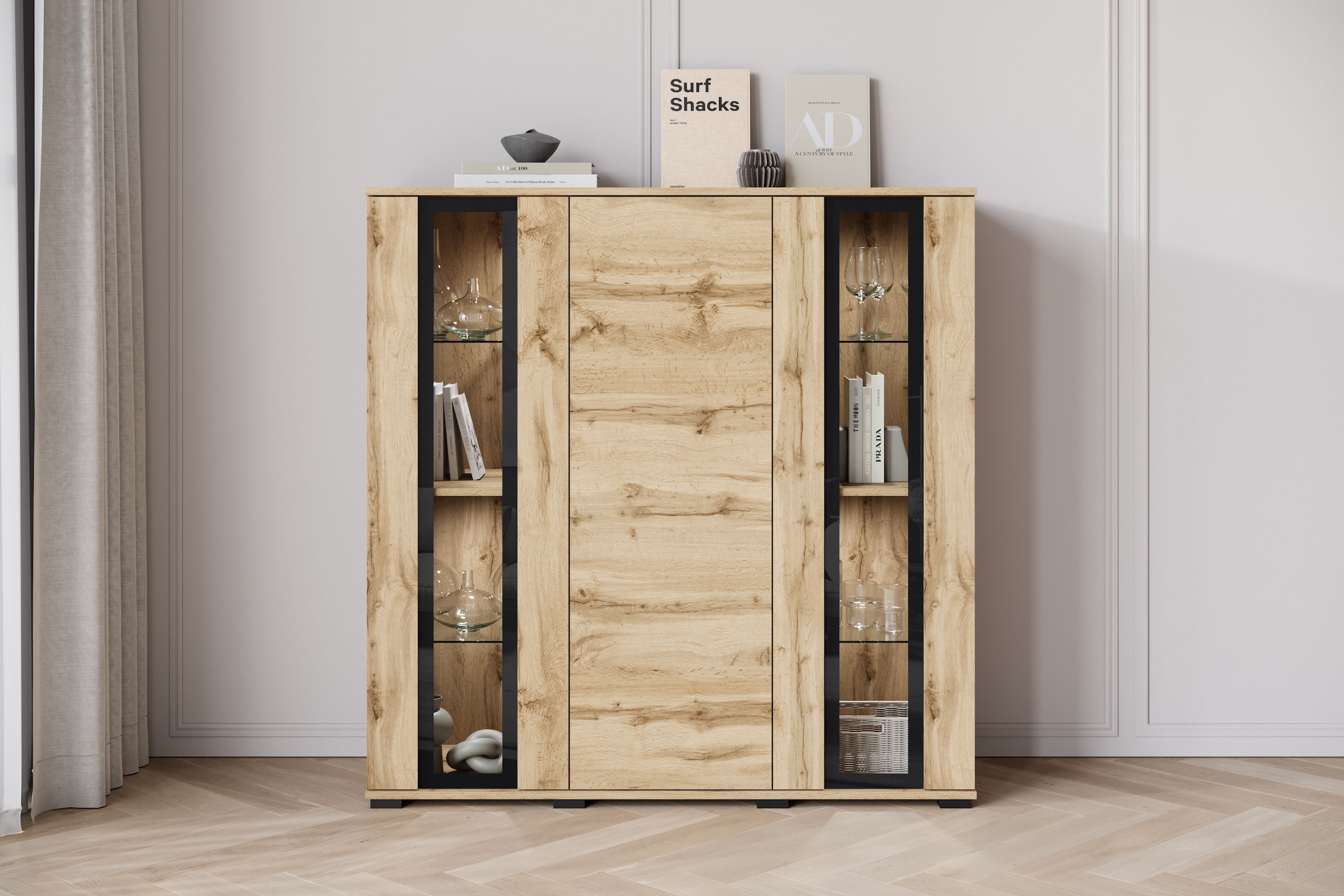 INOSIGN Highboard »Caro, modernes Design mit Glaseinsätzen, Breite 120 cm«, (1 St.), grifflose Fronten mit Push-to-Open, höhenverstellbare Einlegeböden