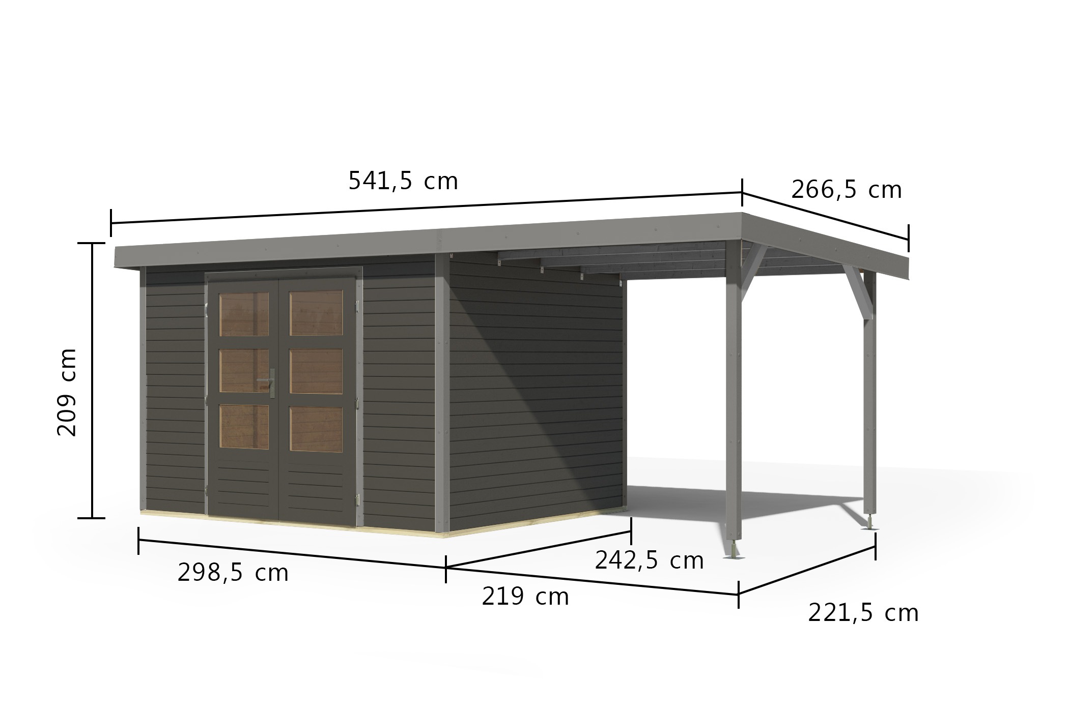 Karibu Gartenhaus »"Jupiter 5 B" SET terragrau, mit Anbaudach 2,35 m breit«, hochwertige Materialien: nordische Fichte, Stahlecken, Trapezblechdach