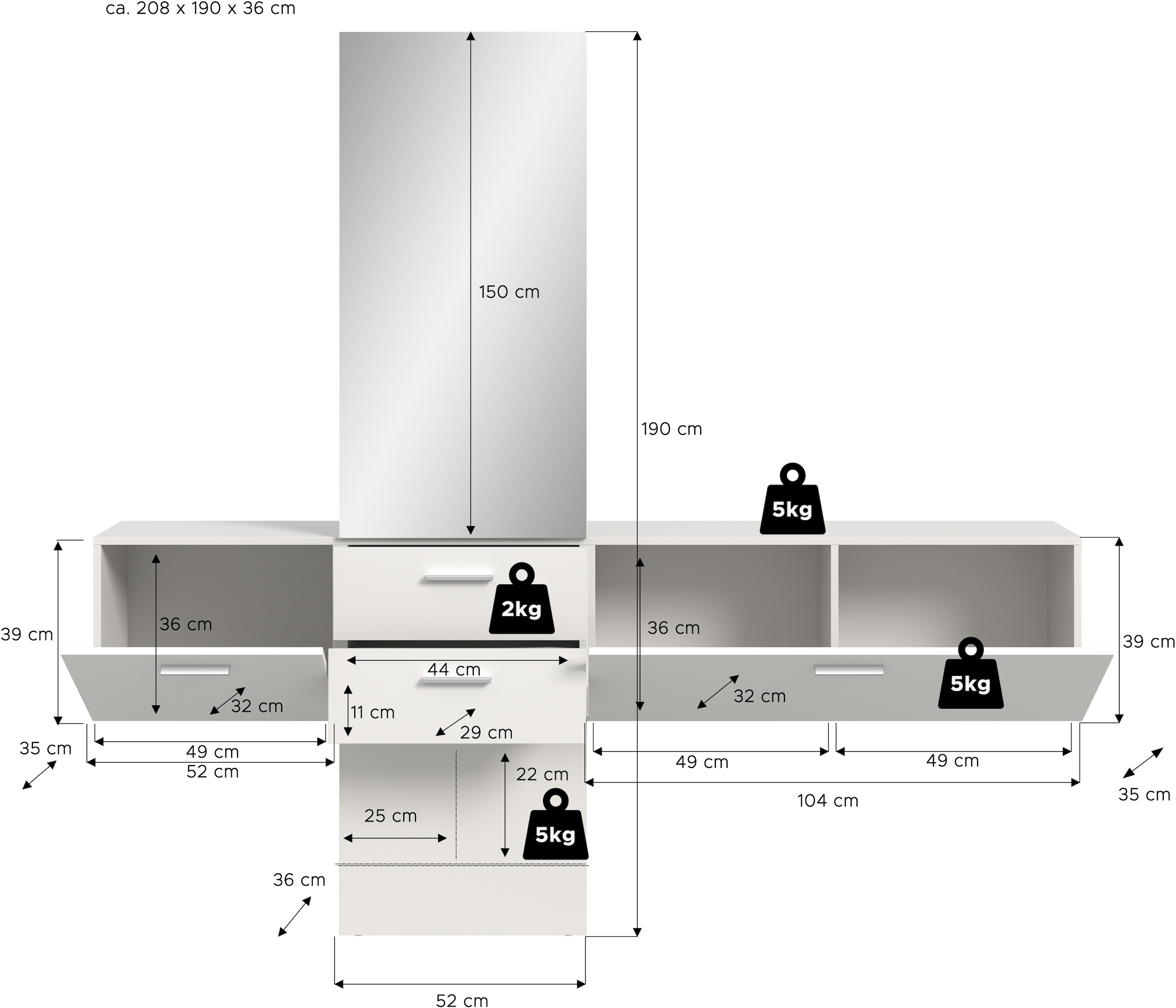INOSIGN Garderoben-Set, (Set, 3 St.), Lumo, Garderobenset Breite 208 cm, Spiegel, 2 Schubladen, Flur, Diele