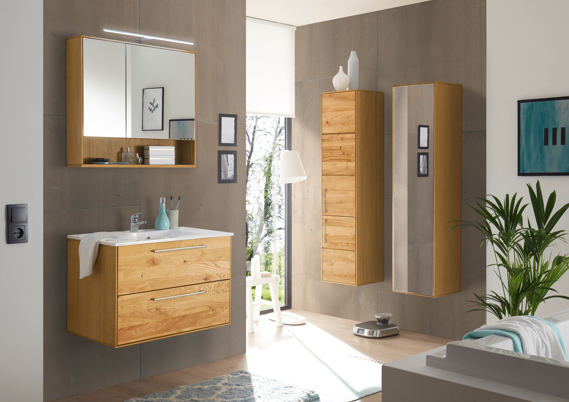 BASIC by Balculina Badmöbel-Set »Yukon«, (4 St.), Breite 160 cm,Badezimmerset 4-tlg, Softclose, teilmassiv/massiv