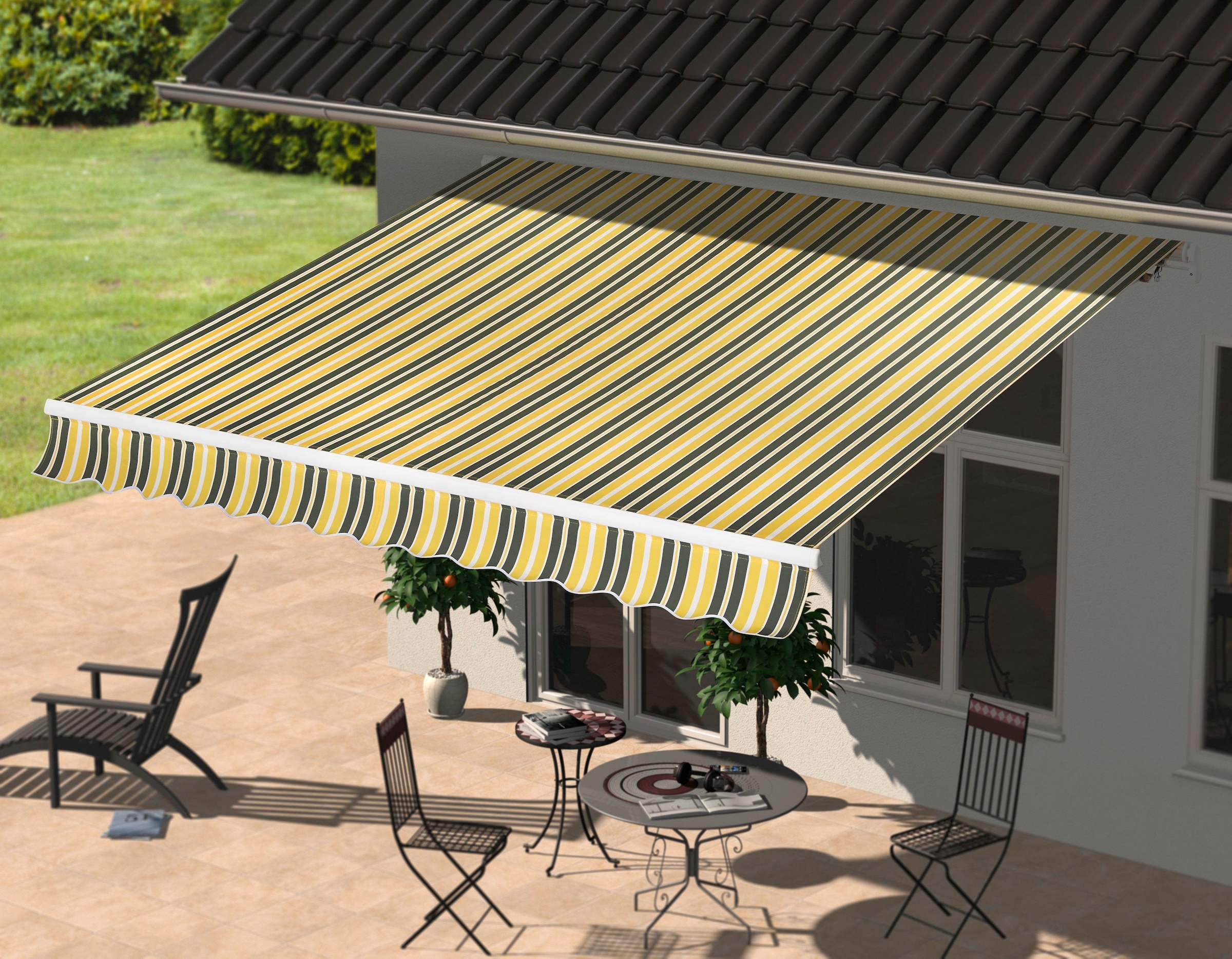 Gelenkarmmarkise KONIFERA "Cadaqués", gelb (gelb, grün), B:395cm, Polyester, Markisen, Gelenkarm-Markise, Breite/Ausfall: 395 x 250 cm, Neigungswinkel verstellbar
