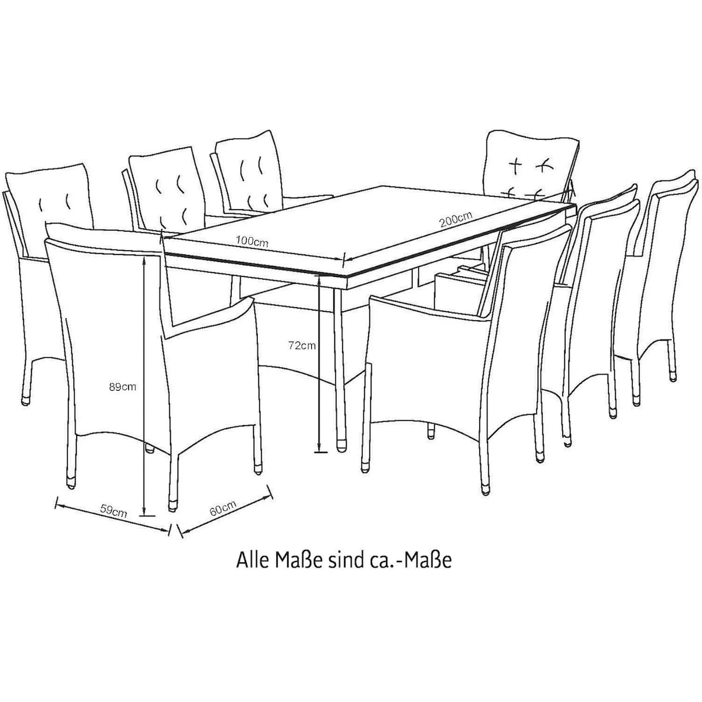 KONIFERA Garten-Essgruppe »Mailand«, (25 tlg.), 8 Sessel, Tisch 200x100 cm, Polyrattan. Gratis-Zugabe: 1 Schutzhülle