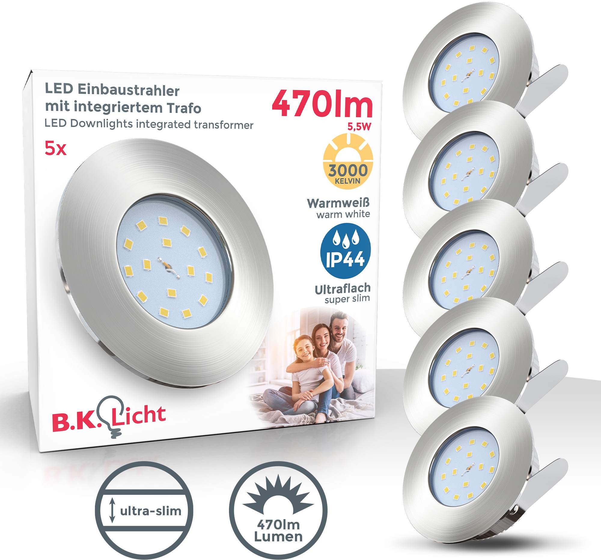 B.K.Licht LED Bad-Einbauleuchte »Iris V«, 5er Set, Schutzart IP44 spritzwassergeschützt, Ø 7,5 cm