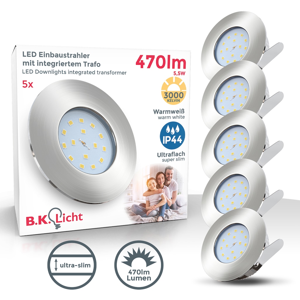 B.K.Licht LED Bad-Einbauleuchte »Iris V«, 5er Set, Schutzart IP44 spritzwassergeschützt, Ø 7,5 cm