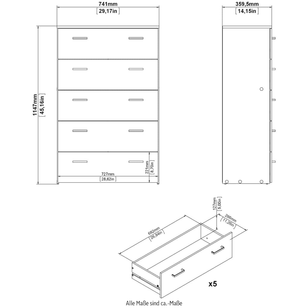 Home affaire Hochkommode, Mit viel Stauraum, graue Stangengriffe, Gr. ca. 74,1 x 114,7 x 35,95 cm