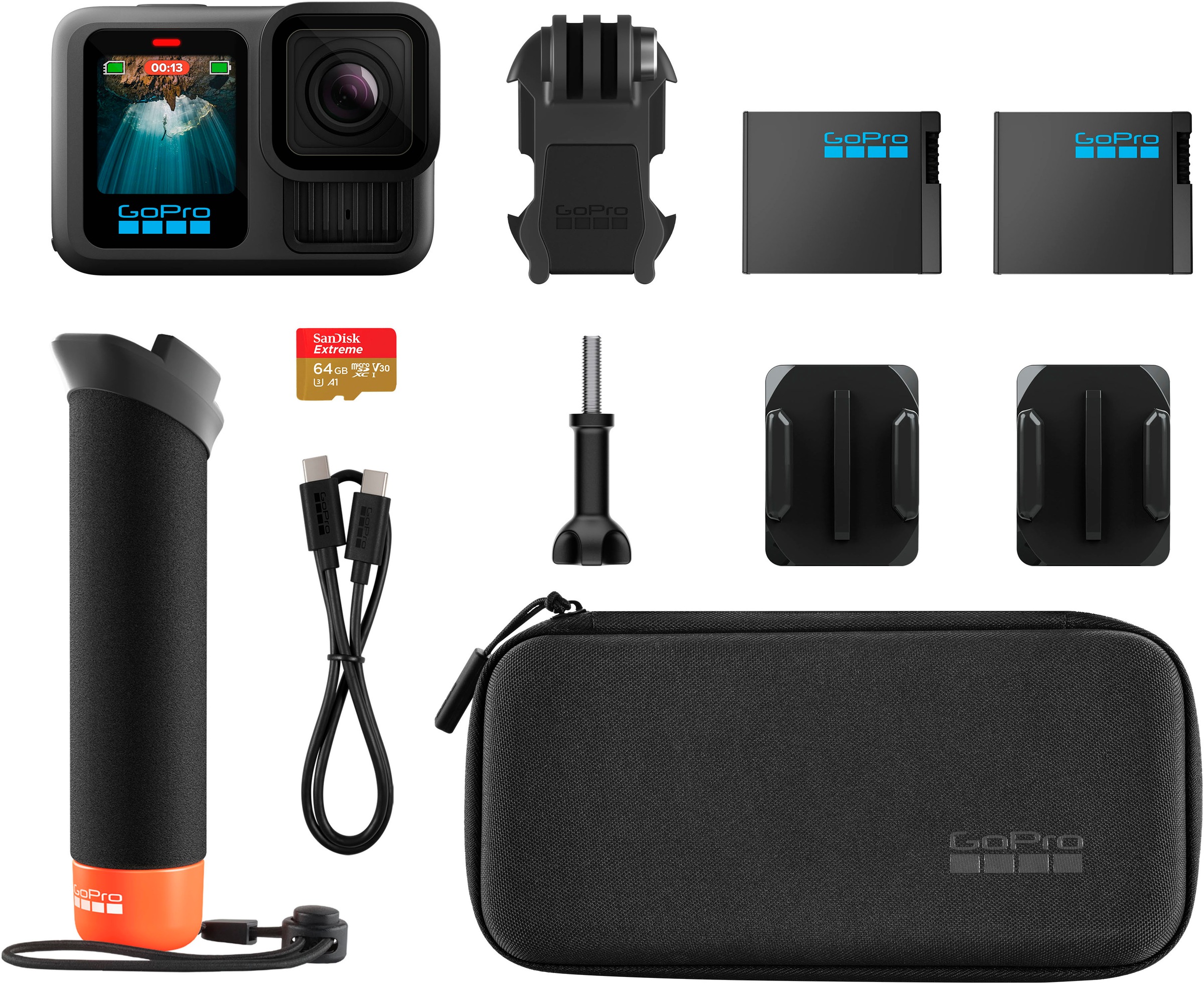 GOPRO Action Cam "HERO13 Black + Zubehör-Bundle", schwarz, B:7,18cm H:5,08cm T:3,36cm, Camcorder - Kunststoff Einheitsgröße