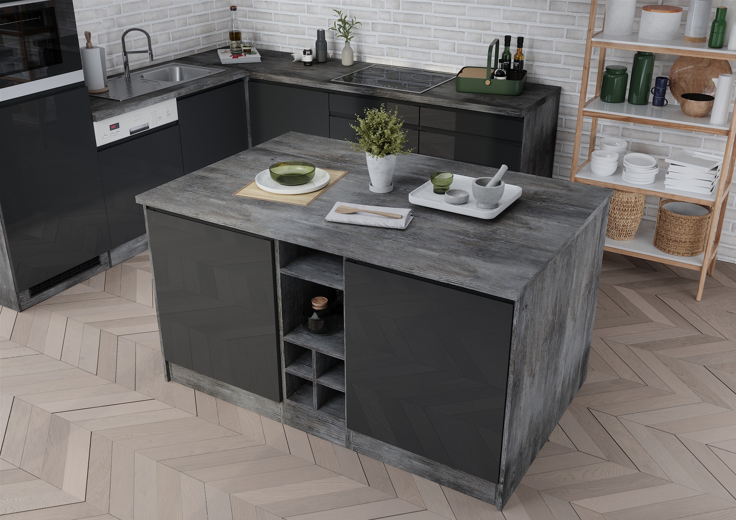 KOCHSTATION Kücheninsel »KS-Virginia«, Breite 153 cm, MDF-Fronten, Flaschenregal