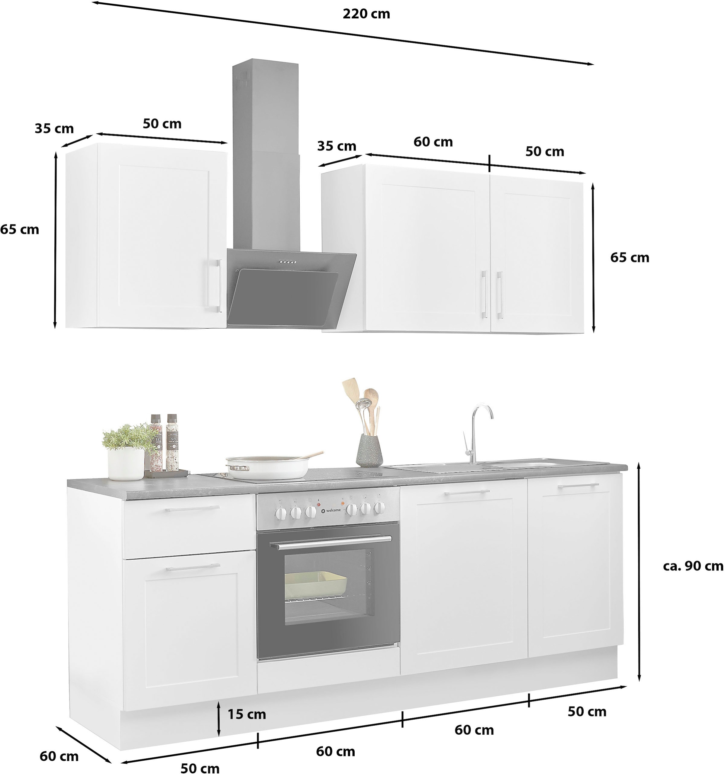 BASIC by Balculina Küchenzeile »Marsi«, Breite 220 cm, wahlweise mit E-Geräten, mit Soft-Close-Funktion