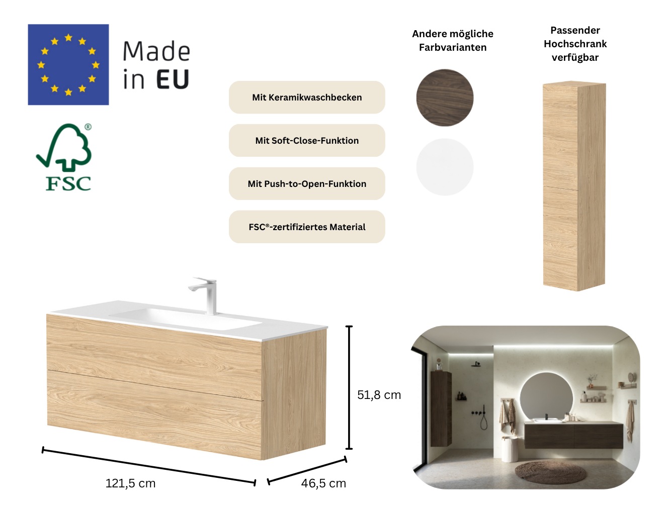 Thumbnail - welltime Waschtisch "Gama" inklusive Waschbecken, mit Push-to-Open-Funktion, FSC zertifiziert