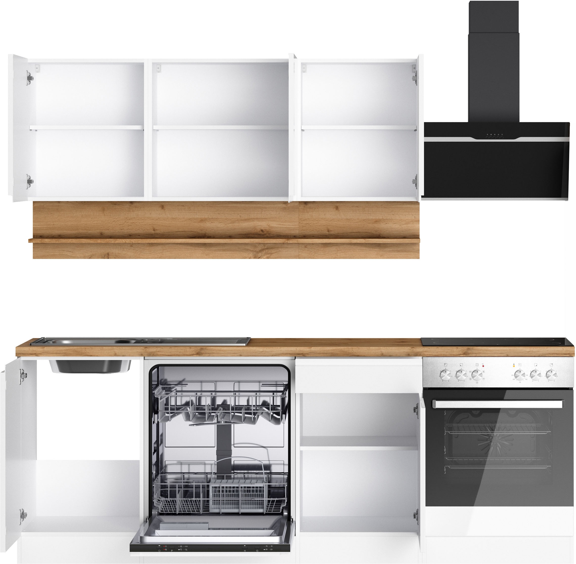 KOCHSTATION Küchenzeile »KS-Virginia,neu in verbesserter Ausführung« Arbeitsplatte 38 mm stark, Stauraum, Softclose,  Breite 220 cm, Soft-Close, wahlweise mit E-Geräten