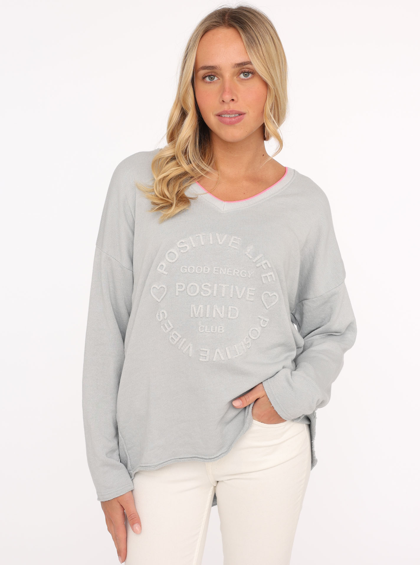Zwillingsherz "„Positive Mind Neon Kante”", mit Kontrastnaht, V-Neck, washed out Optik, langarm