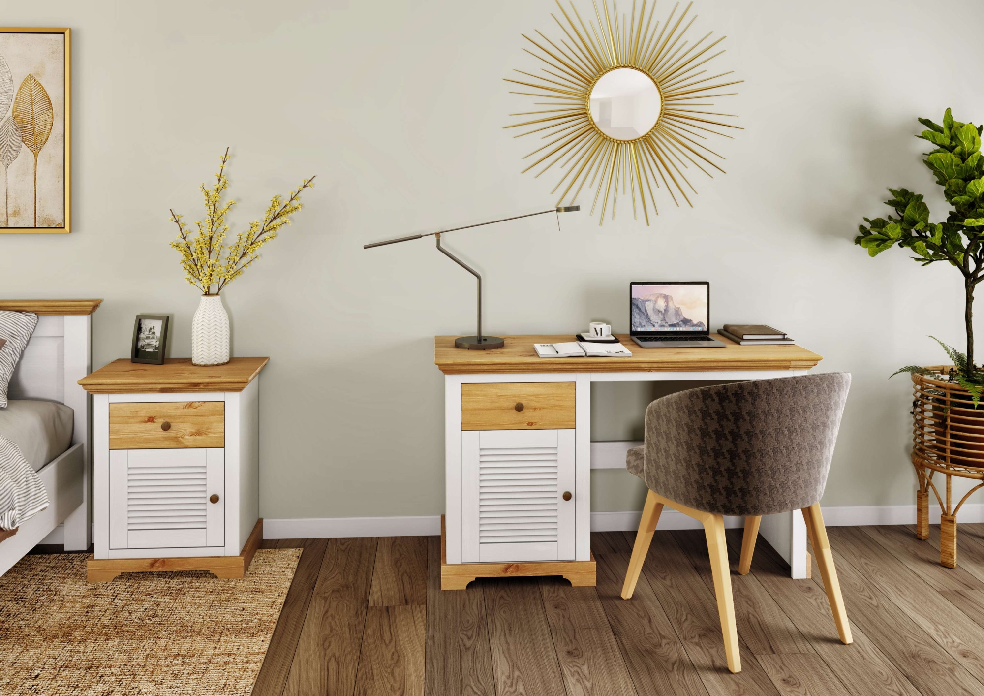 Schreibtisch »Ayanna«, zertifiziertes Massivholz, mit Schublade und Tür mit Lamellenfront