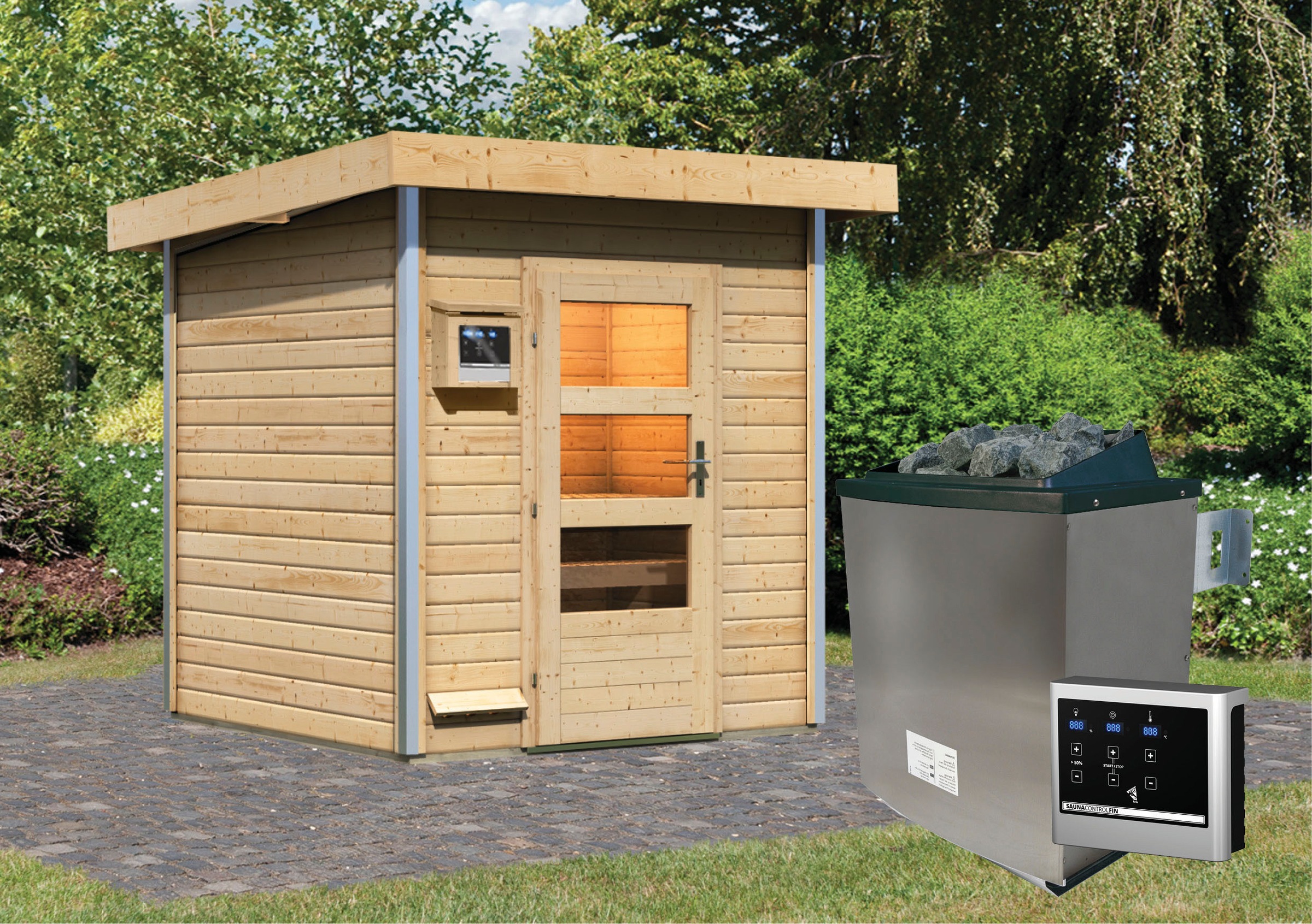 Karibu Saunahaus »Klaas«, moderne Tür, Ofen 9 KW externe Strg easy