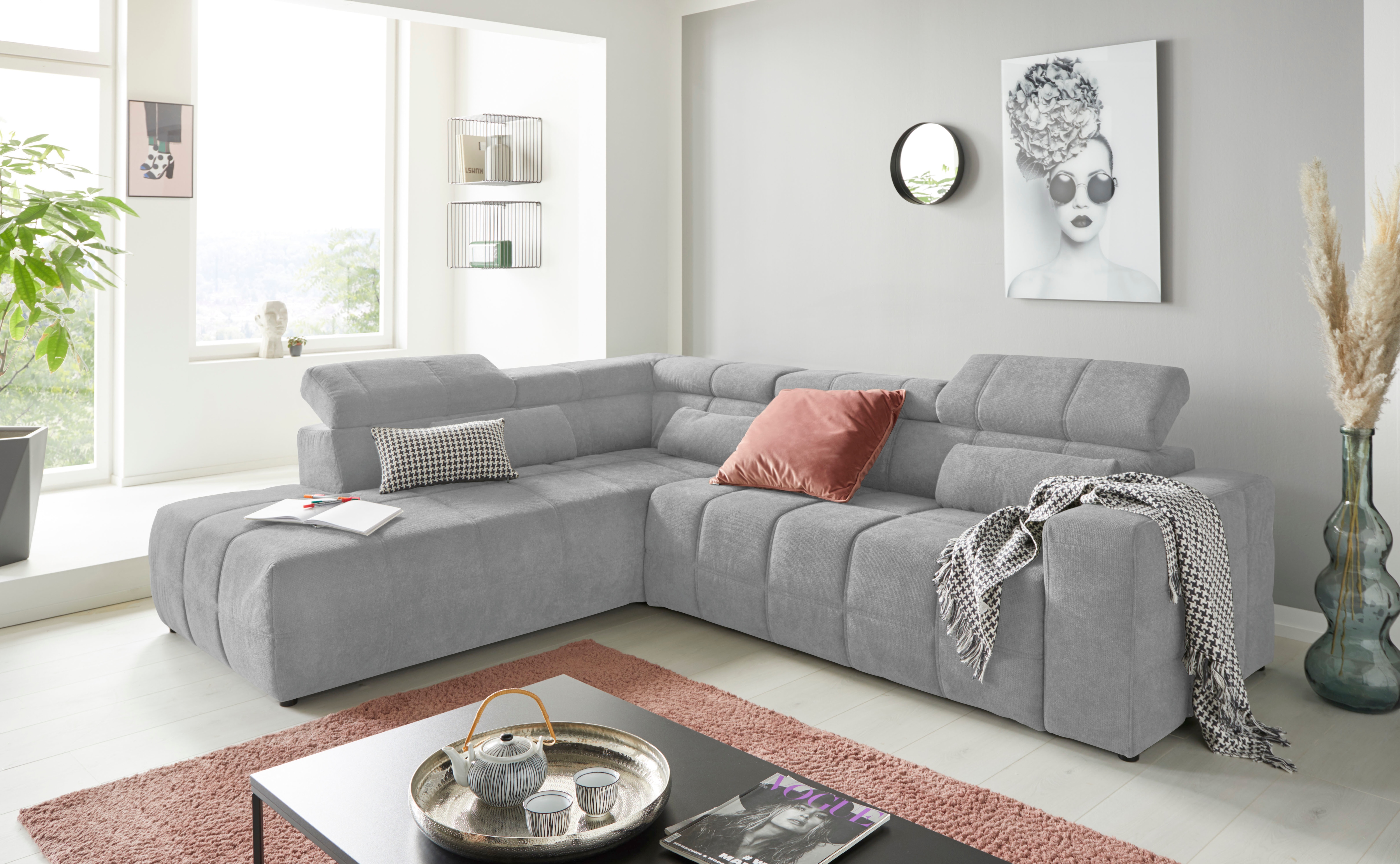 DOMO collection Ecksofa "BRANDON bequem, Breite 275cm, L-Form, auch in Leder" inklusive Kopfteilverstellung, wahlweise mit Sitztiefenverstellung