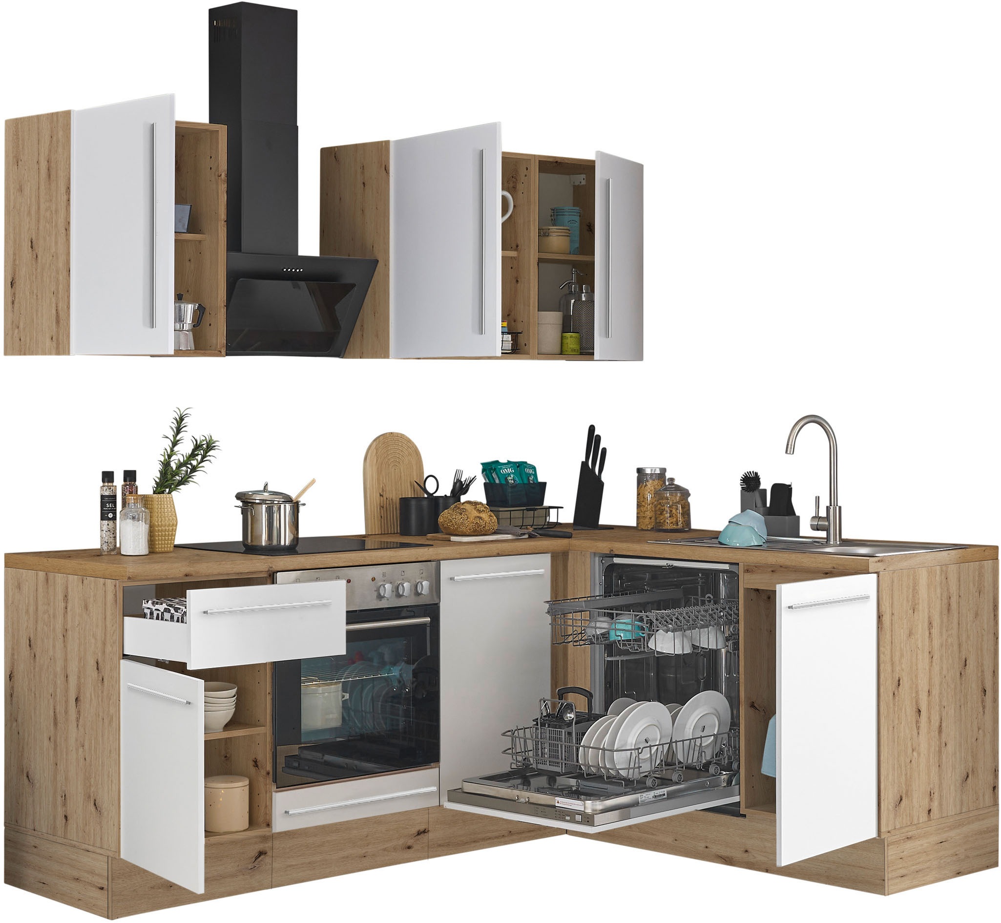 KOCHSTATION Winkelküche »Florida, Stellbreite 220x175 cm«, wahlweise mit E-Geräten, mit Softclose für Türen und Schubkästen