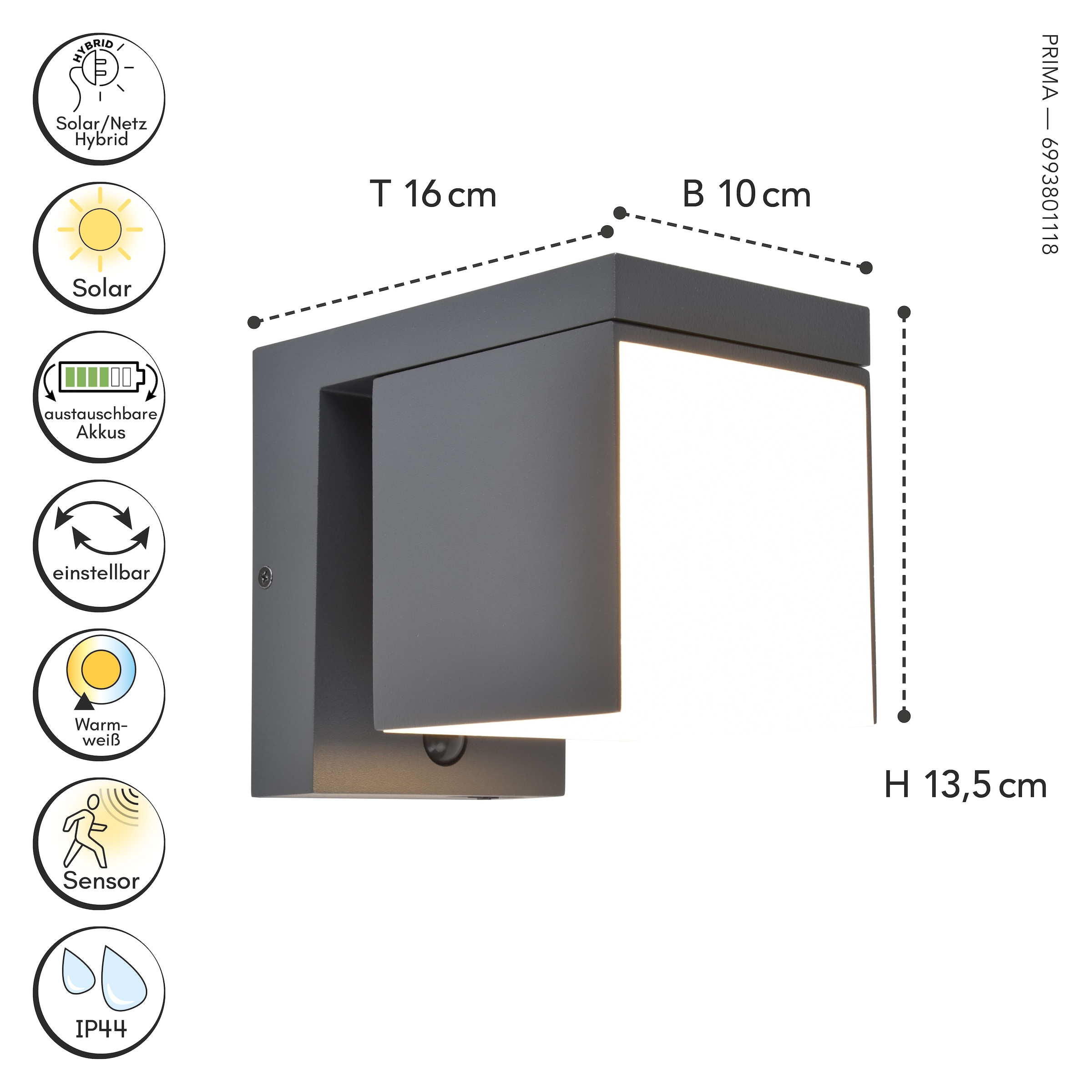 LUTEC LED Solarleuchte »LED-Solarleuchte PRIMA, Hybrid«, 1 flammig, Leuchtmittel LED-Board | LED fest integriert, Solar-Hybrid