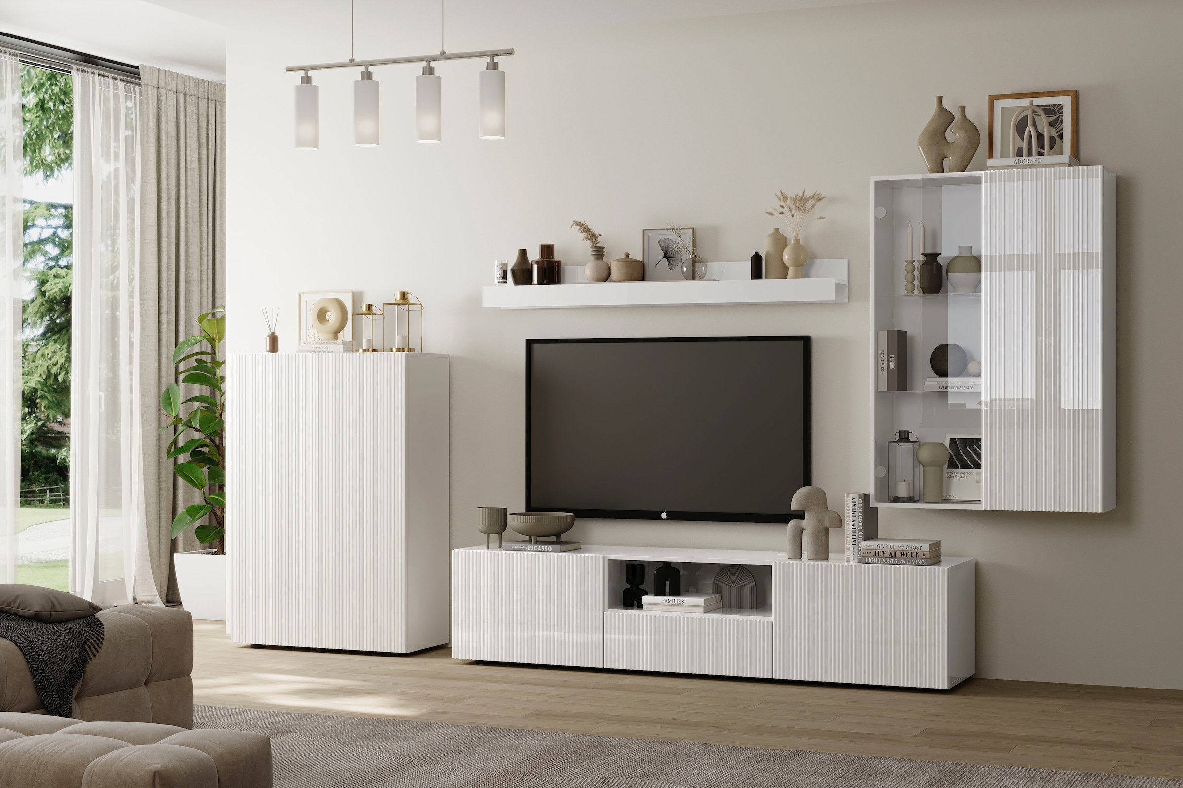 INOSIGN Wohnwand »Rio, 4tlg. Breite 300 cm, modernes, elegantes Wohnzimmer-Set«, (4 St.), (Lowboard, Highboard, Hängevitrine, Wandboard), MDF-Fronten geriffelt