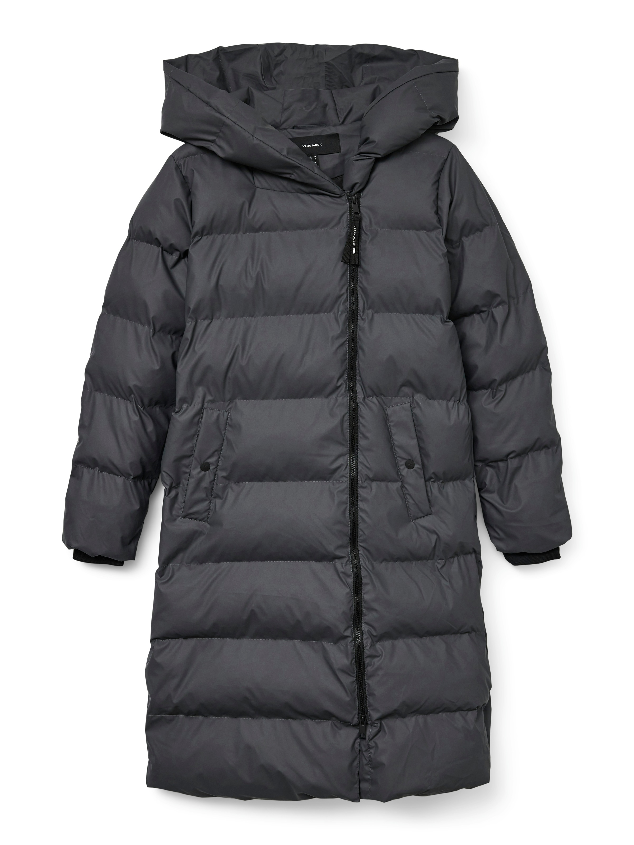 Steppmantel VERO MODA "VMMIRIAM LONG COATED COAT BOO", Damen, Gr. M, asphalt, Steppware, Obermaterial: 100% Polyester, unifarben, regular fit, Rippbündchen, Mäntel Steppmantel 3