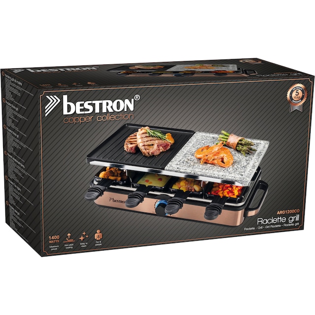 St. | bestron Raclettepfännchen, BAUR Grillplatte, »ARG1200CO«, & & W, 8 Naturstein 8 antihaftbeschichtete Pfännchen Raclette Schaber 8 1400