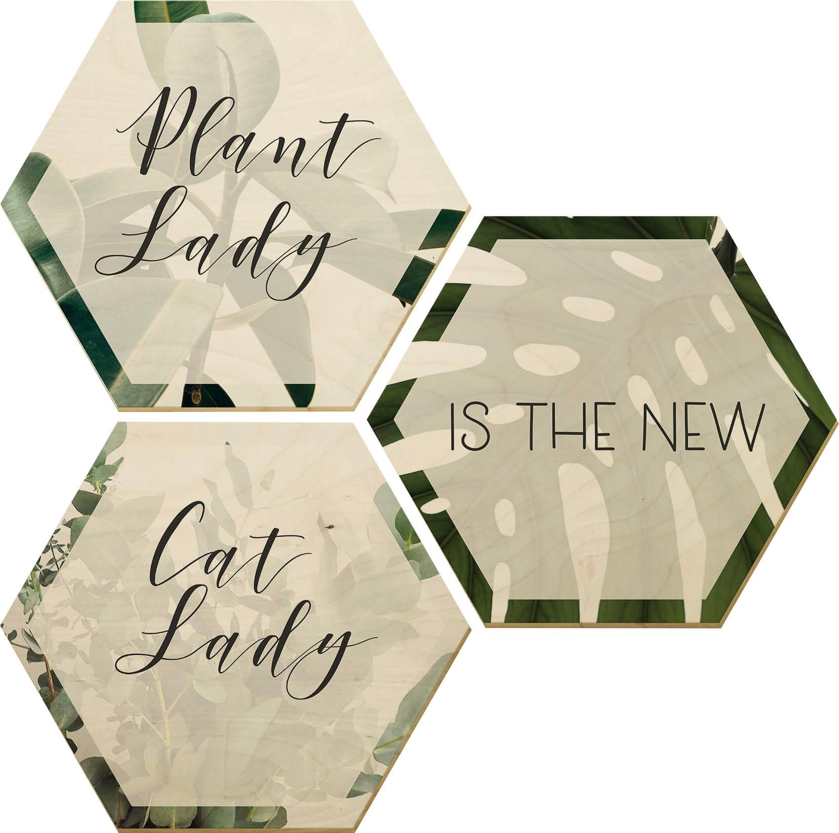 Wall-Art Holzbild "Plantlady is the new Catlady", Schriftzug, (Set, Dekoratives Bild), Holzposter Collage