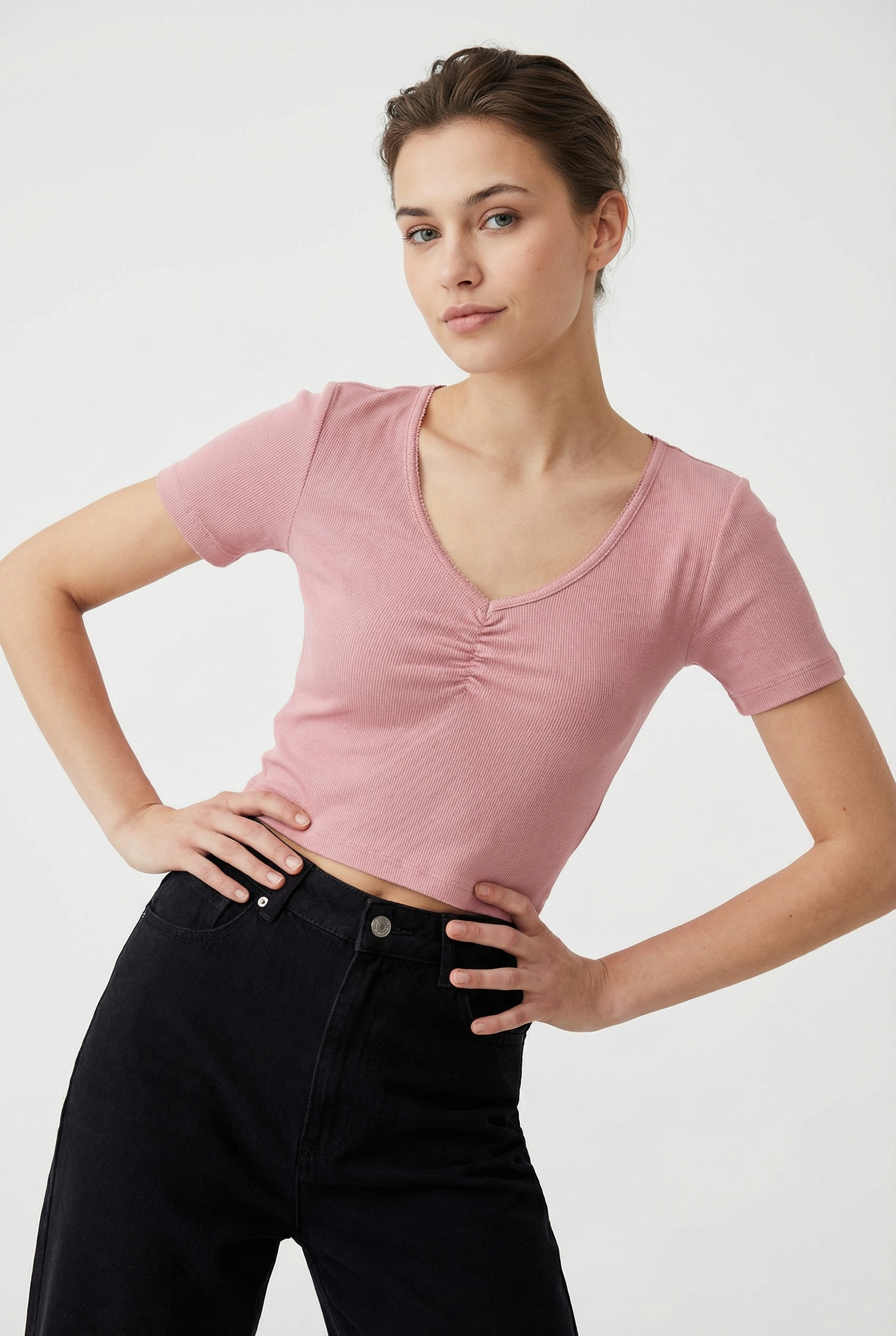Kurzarmshirt ONLY "ONLBETTY LIFE S/S SCALLOP V-NECK CC JRS", Damen, Gr. XL, rosy touch, Jersey, Obermaterial: 95% Baumwolle, 5% Elasthan, unifarben, hüftlang, V-Ausschnitt, Shirts, mit Raffung am Ausschnitt