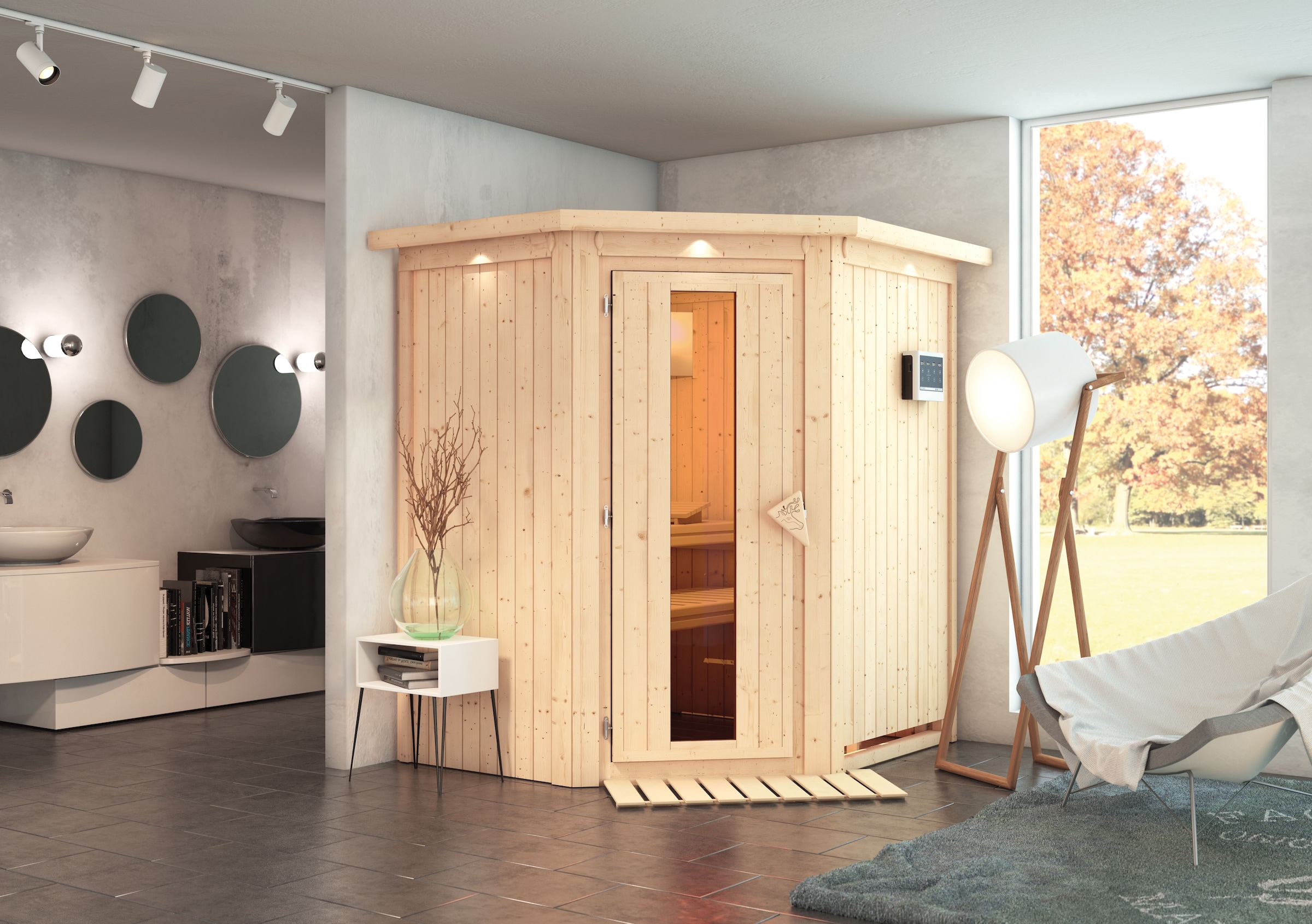 Karibu Sauna »»Liyah« mit Energiespartür Kranz naturbelassen«, in verschiedenen Ausführungen erhältlich