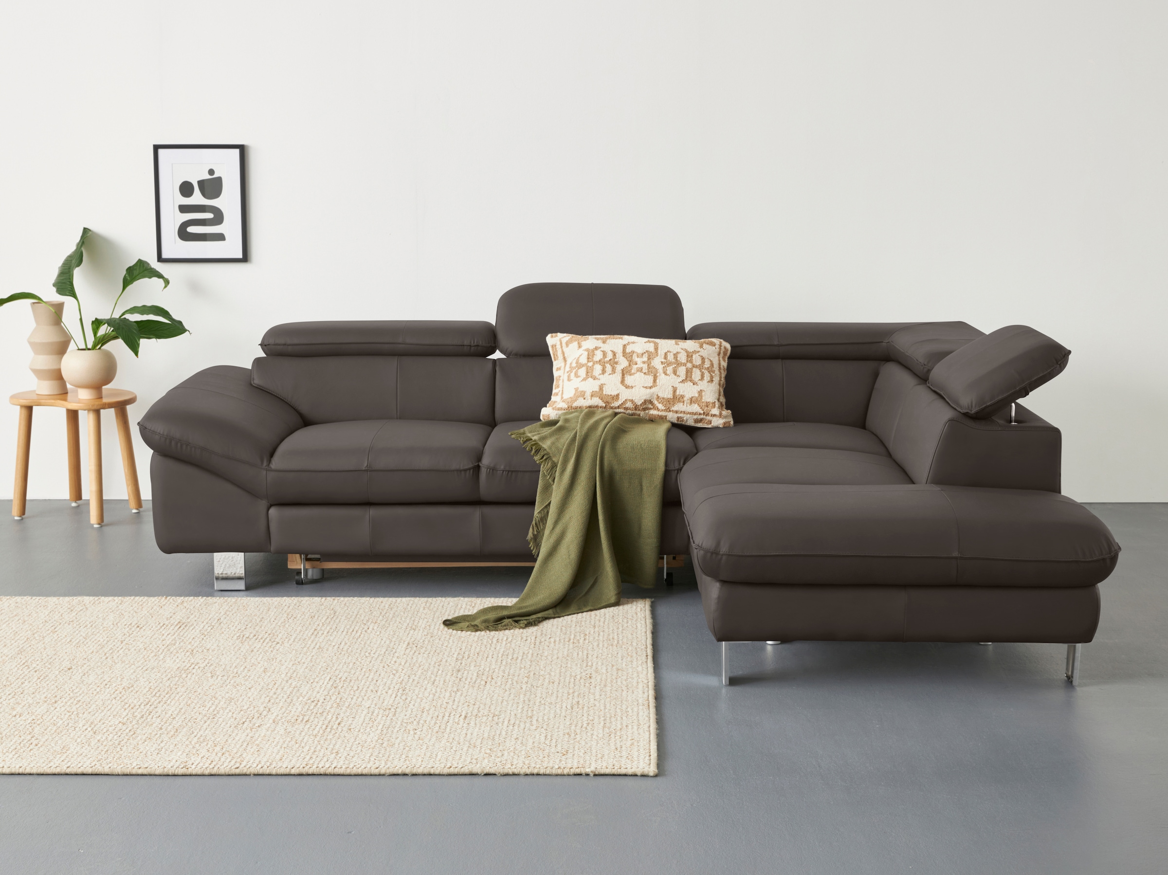 COTTA Ecksofa "Driver L-Form, B: 265 cm, moderne Couch mit Wellenunterfederung, Leder" inkl. 3x Kopfteilverstellung, optional mit Schlaffunktion + Stauraum