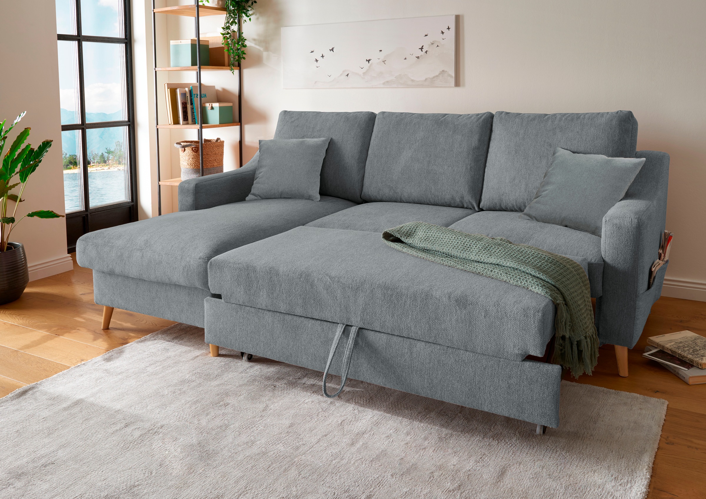 INOSIGN Ecksofa »Valentina L-Form«, 2 Zierkissen, mit Seitentasche, ausziehbarer Liegefläche, Bettkasten