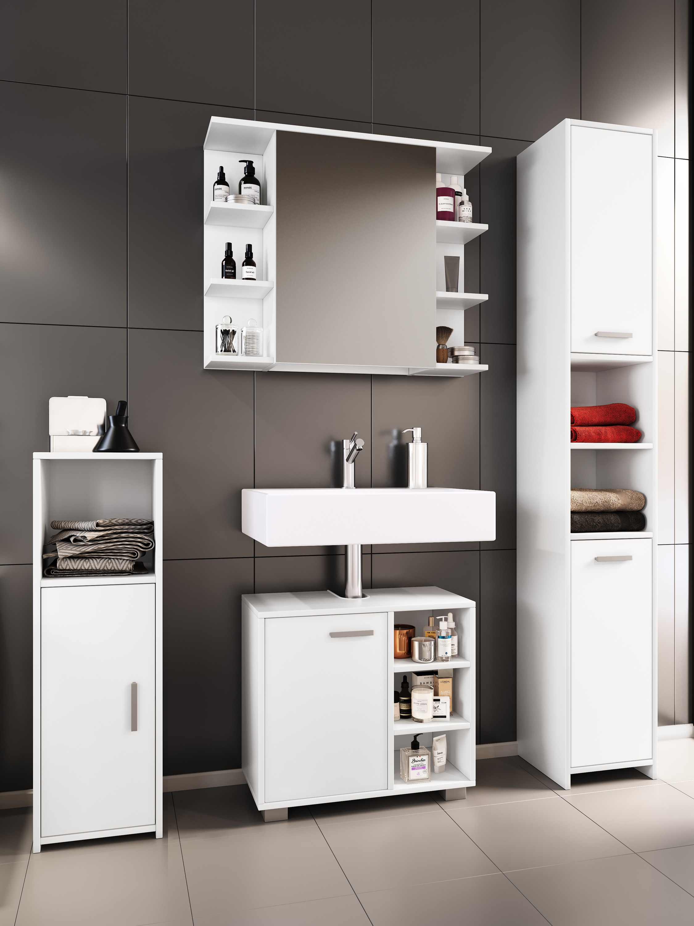 VCM Waschbeckenunterschrank »VCM 4-tlg. Badmöbelset | Badmöbel | Set aus Unterschrank, Midischrank, Hochschrank und Spiegelschrank | Badezimmermöbel - Zalo I«, (4 St.)