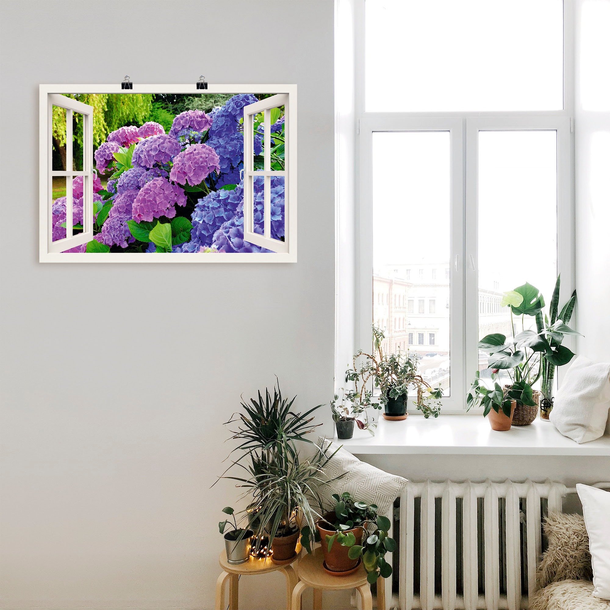 Artland Poster "Fensterblick Hortensien im Garten" Blumen 1 Stk. tlg. ohne günstig online kaufen