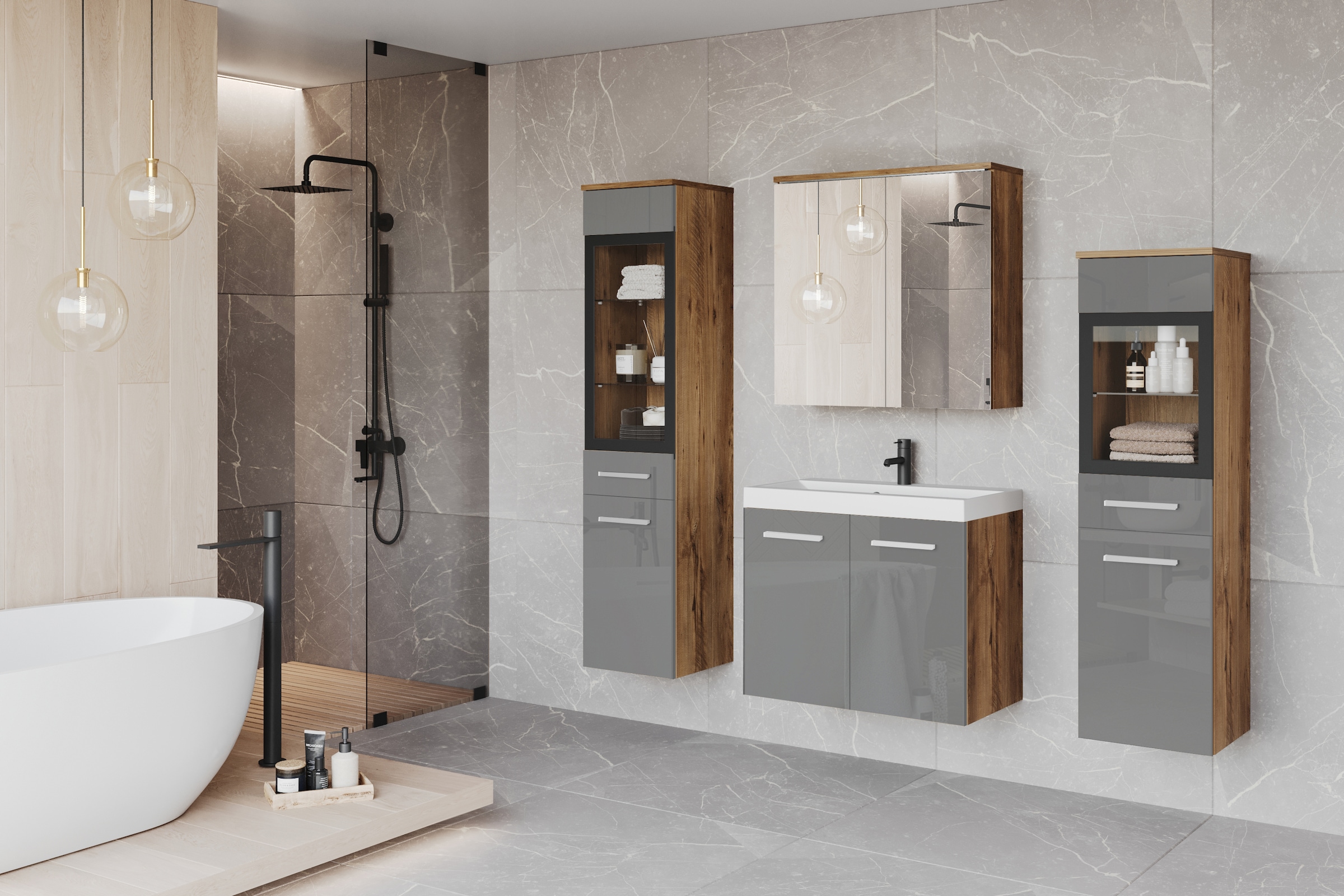 welltime Badmöbel-Set »MADRIT II, Schrank mit Waschbecken, 2 Hänger, Spiegelschrank«, (Komplett-Set, 5 St.), Hängende Badmöbel mit Glaseinsätzen – in vielen Farben erhältlich