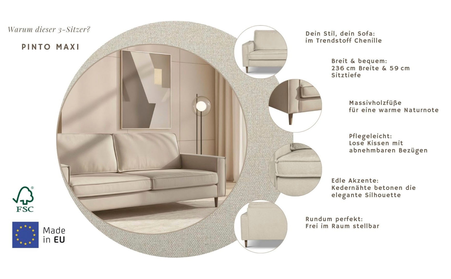 Thumbnail - Home affaire 3-Sitzer "Pinto Skandi,Maxi-Ausführung, 236 cm, Chenille, Struktur" mit Keder, Massivholzfüße Eiche geräuch...