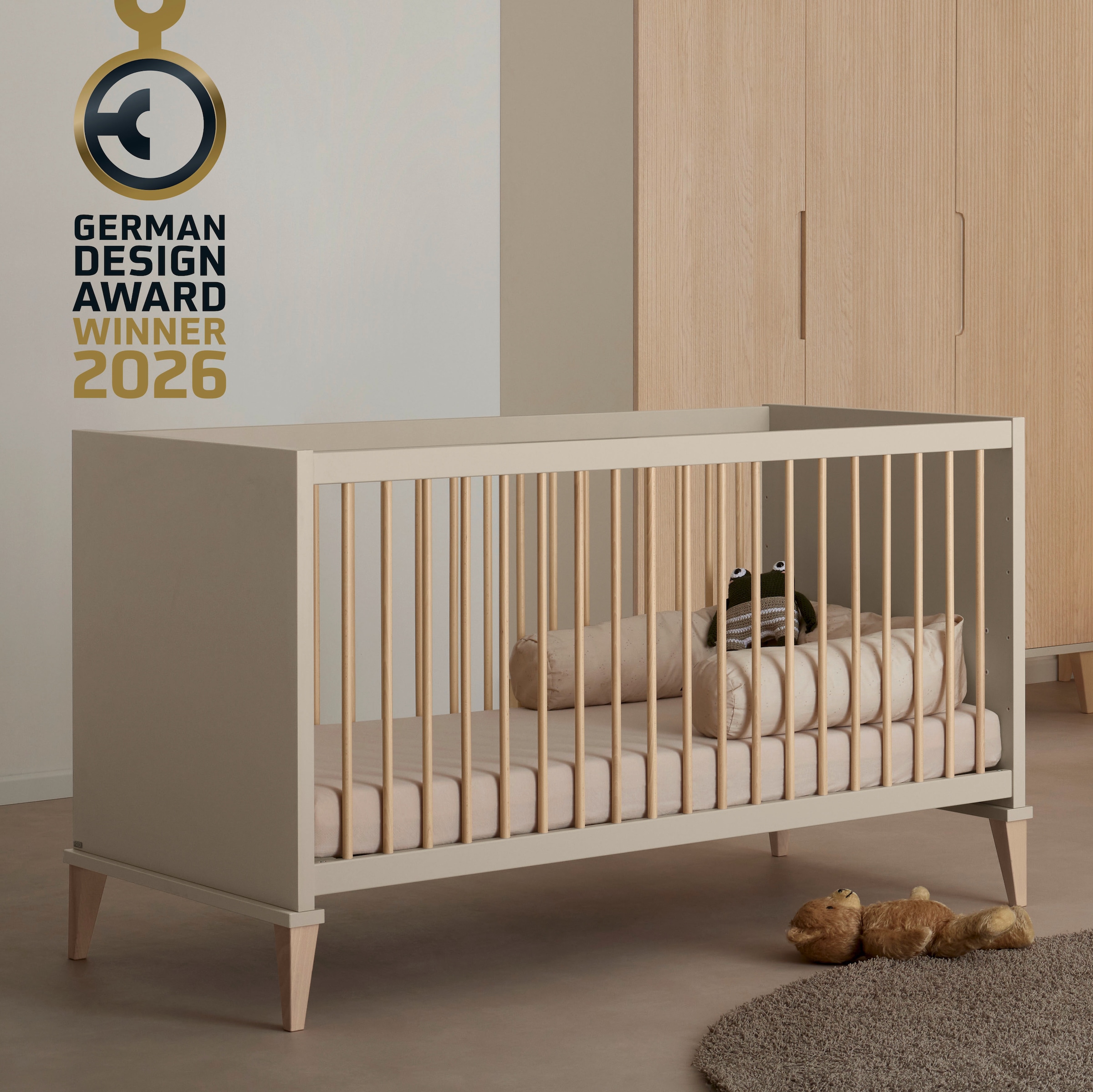 PAIDI Babybett »JONTE 70x140cm in Beige, umbaubares Kinderbett mit Massivholz« Gitterbett 4-fach höhenverstellbar, entnehmbare Sprossen, Juniorbett