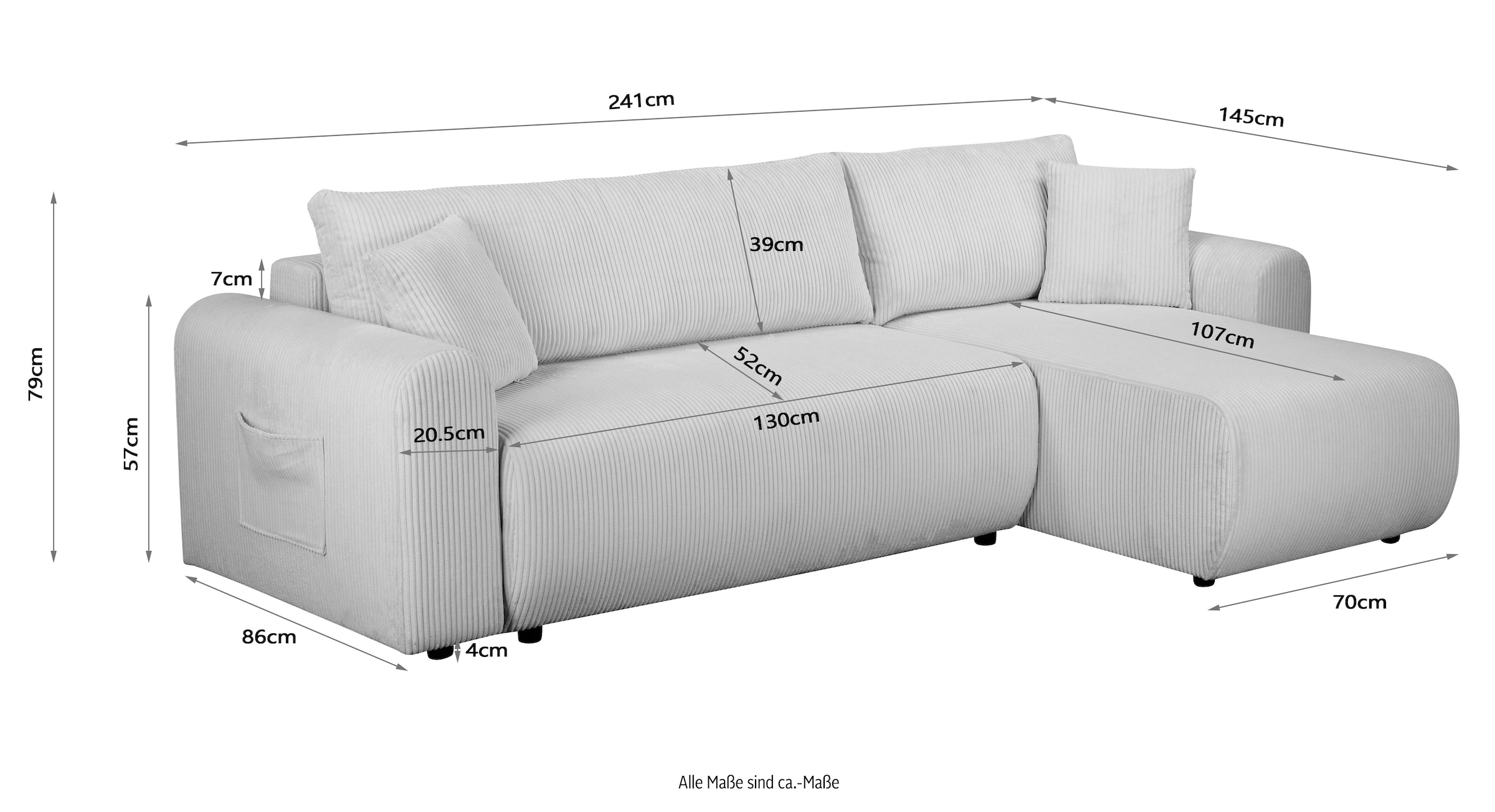 OTTO home Ecksofa »JONAA, 241cm, L-Form, Schlafsofa, Boxspringfederung, Dauerschläfer« 133/200cm, Recamiere links/rechts, Bettkasten, Cord u. Struktur