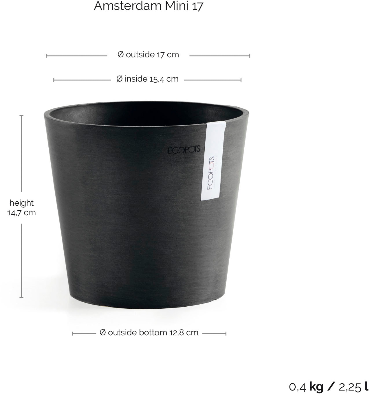ECOPOTS Blumentopf »AMSTERDAM Mini Dark Grey« BxTxH: 17x17x14,9 cm
