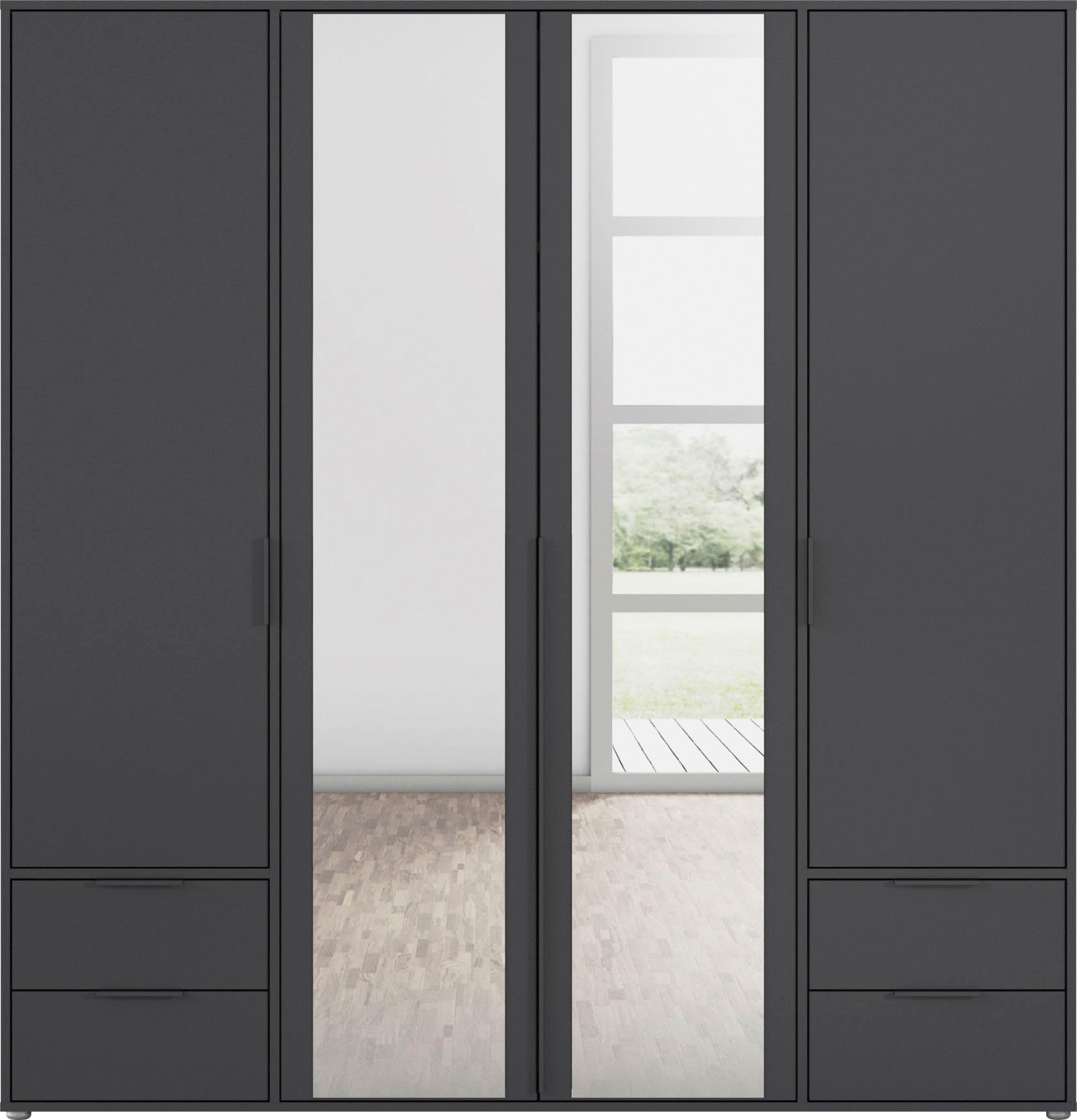 rauch Drehtürenschrank »Kleiderschrank Schrank Garderobe Wäscheschrank NAGATA mit Spiegel«, (in 3 verschiedenen Ausstattungen BASIC/CLASSIC/PREMIUM), und Schubladen sowie Stangengriffen TOPSELLER MADE IN GERMANY