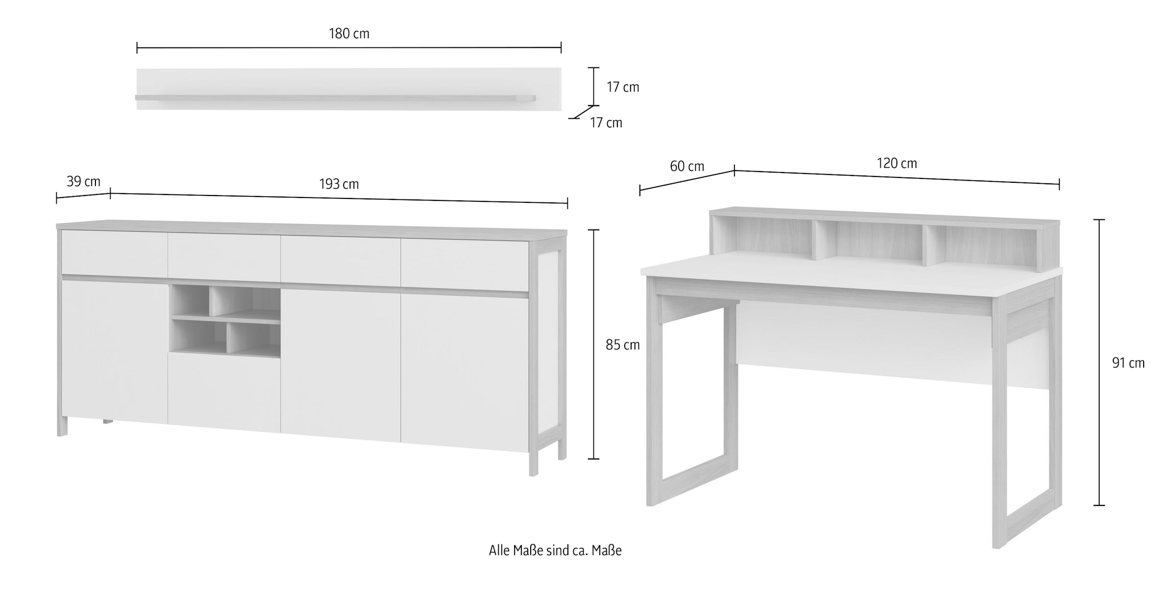 Home affaire Büromöbel-Set »Stranda im Scandi-Style, Home Office, Büro in zwei Farben verfügbar«, (3 tlg.), enthält Schreibtisch, Sideboard und Wandboard