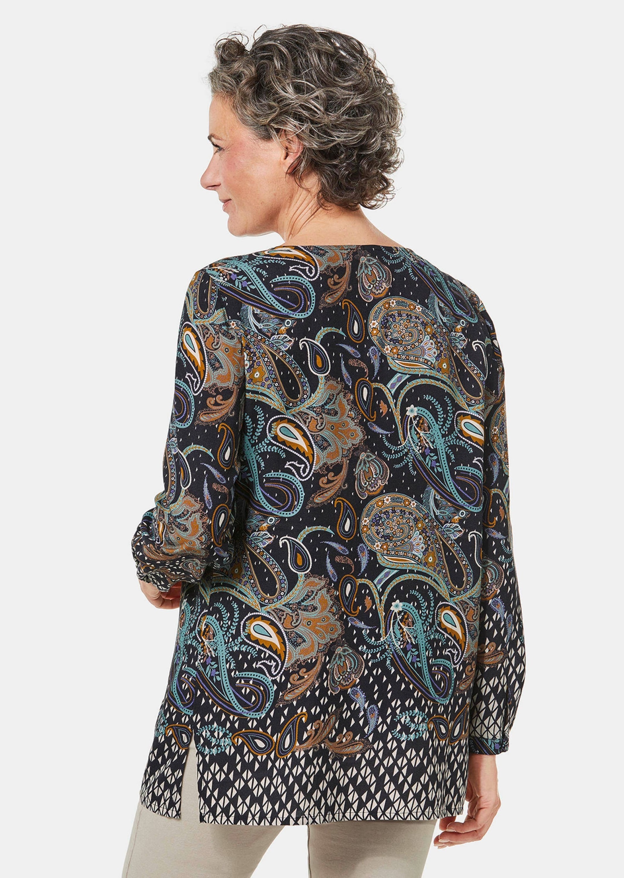 GOLDNER Druckbluse »Longbluse Farbbrillante Druckbluse mit liebevollen Details«