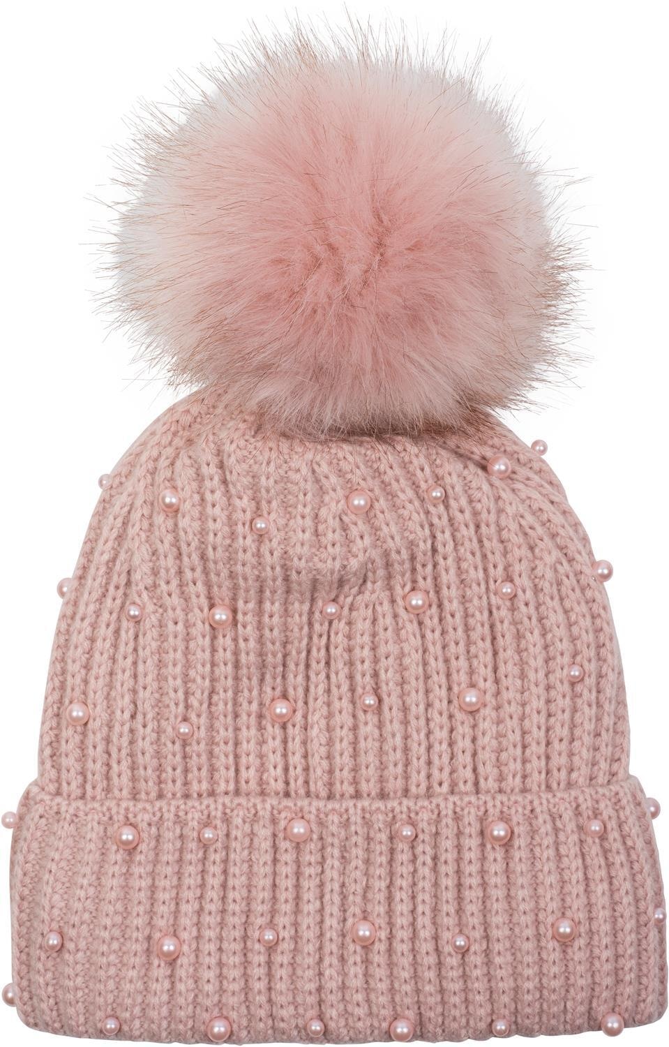 styleBREAKER Bommelmütze "Strick Bommelmütze mit Perlen und Fleece Futter" 1 Stk.