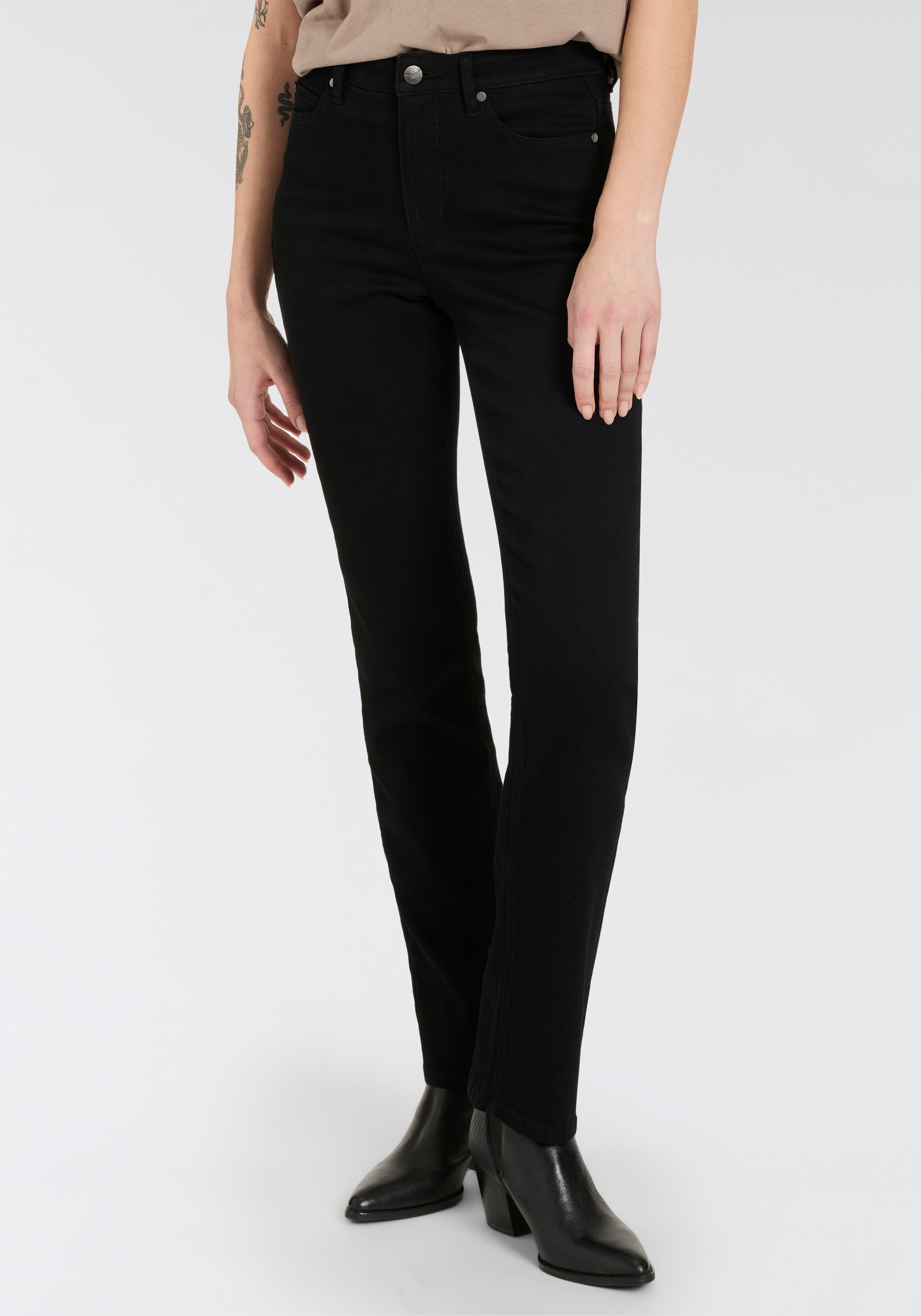 Gerade Jeans ARIZONA "Ultra-Stretch", Damen, Gr. 76, K + L Gr, schwarz (schwarz schwarz), Denim/Jeans, Obermaterial: 74% Baumwolle, 24% Polyester, 2% Elasthan, unifarben, Basic, gerade lang, Jeans, Used-Look-Waschung, Topseller
