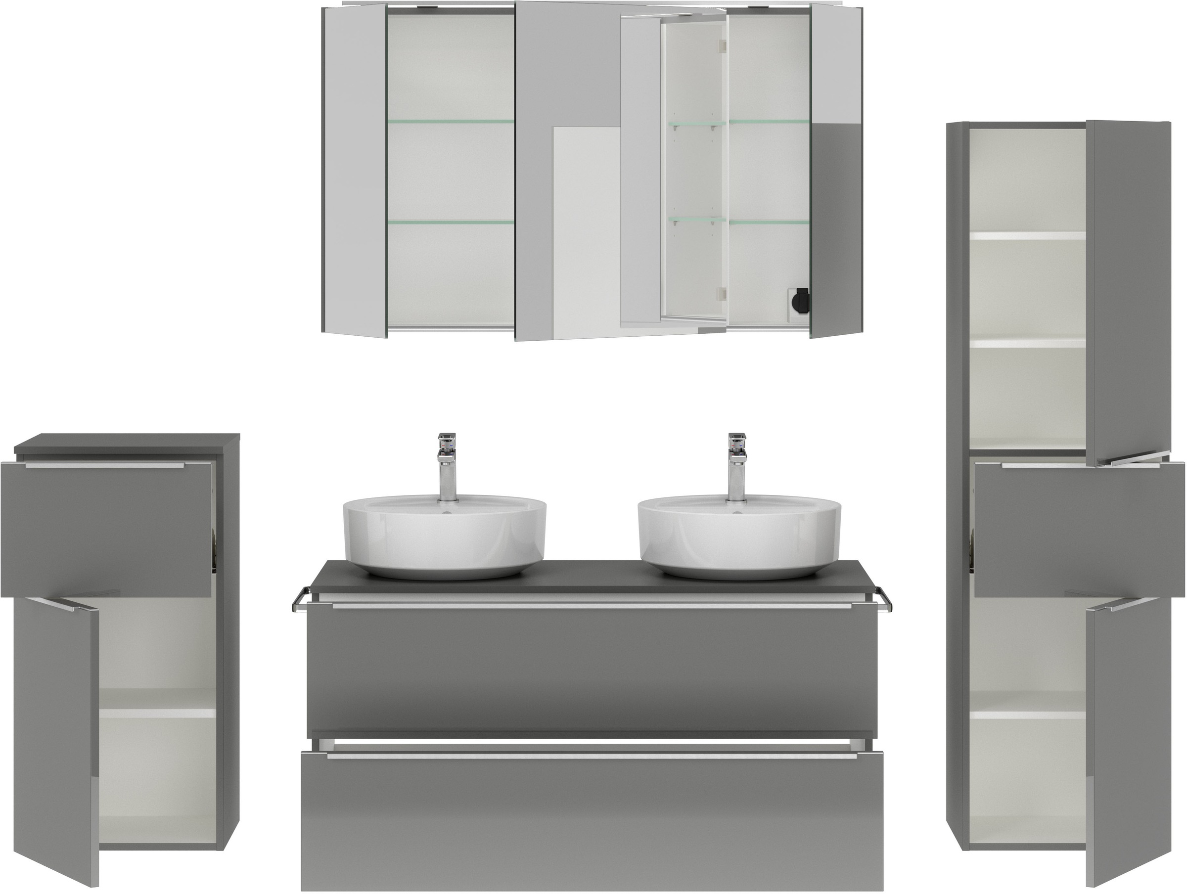 nobilia® Badmöbel-Set »Alvene«, (4 St., vormontiert, mit Soft-Close), inkl. Spiegelschrank mit Beleuchtung und Dimmerfunktion, in 4 Breiten