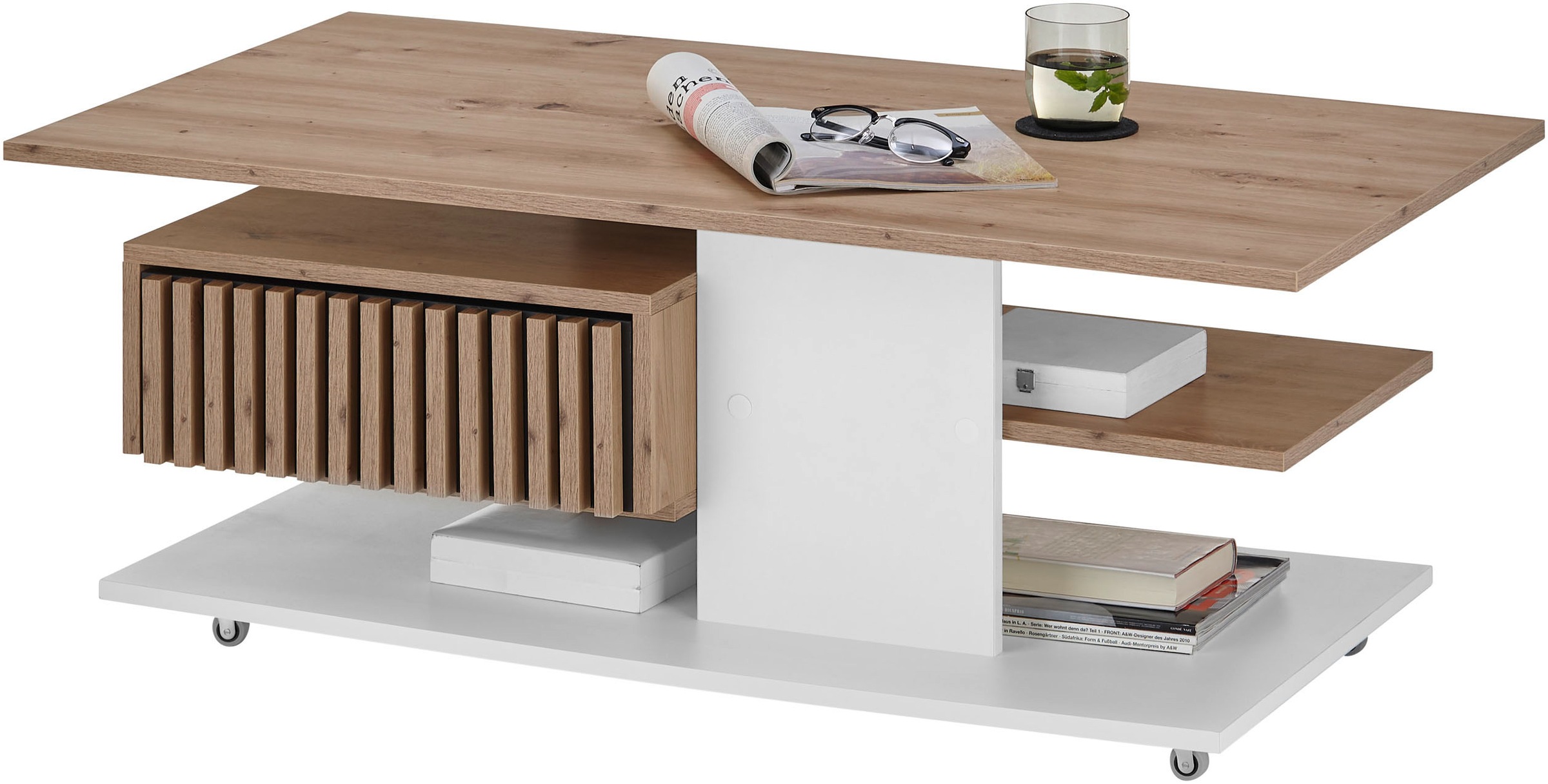 Stolkom Couchtisch »Ally Wohnzimmertisch rollbar Weiß, Artisan Dekor, BxHxT 110x44,5x60 cm«, Schubladenfront mit Lamellen-Optik, Couchtisch rollbar